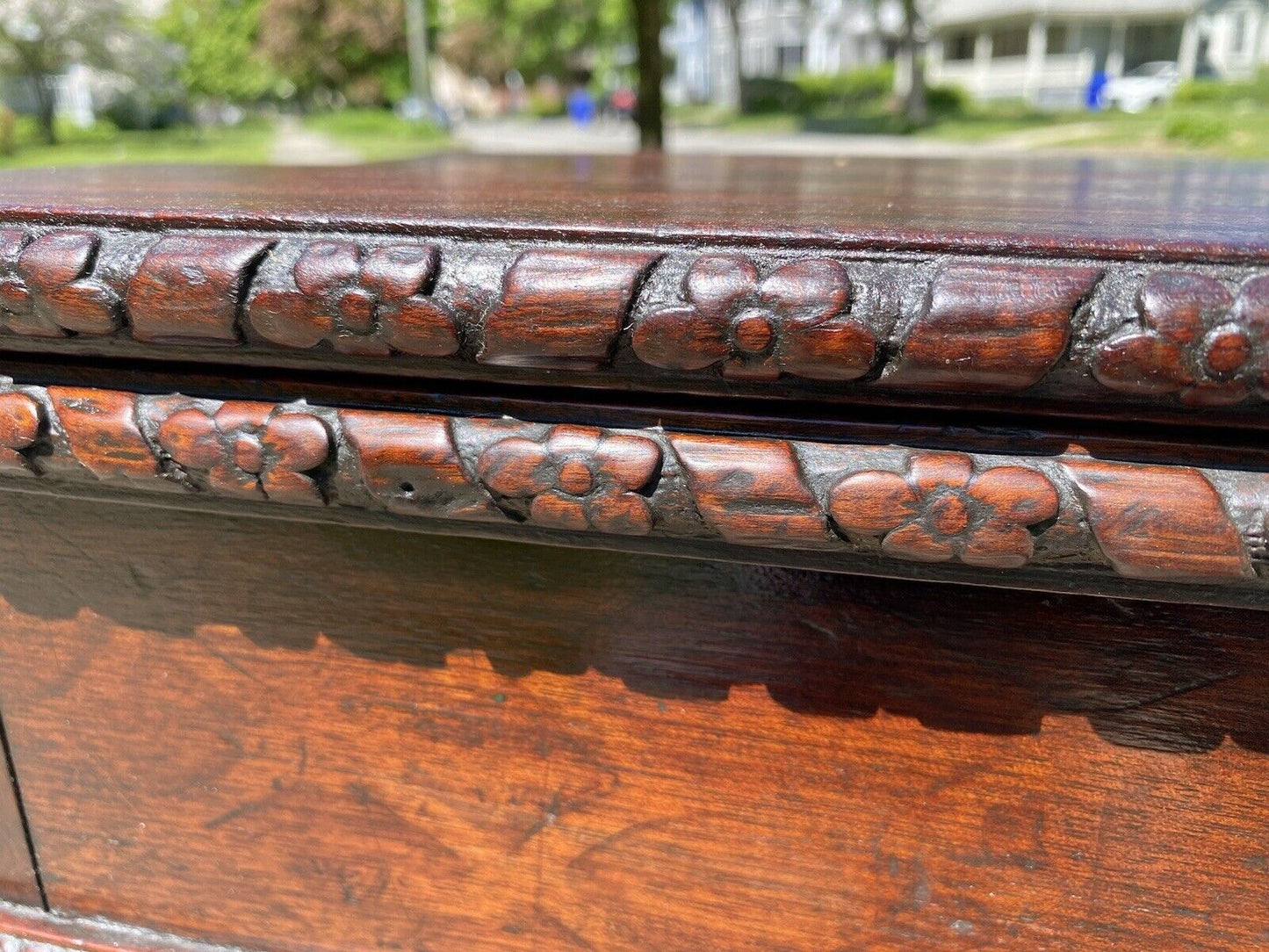 Antique Chinese Chippendale Mahogany Card Table with Foliate Carved Edge CA 1760