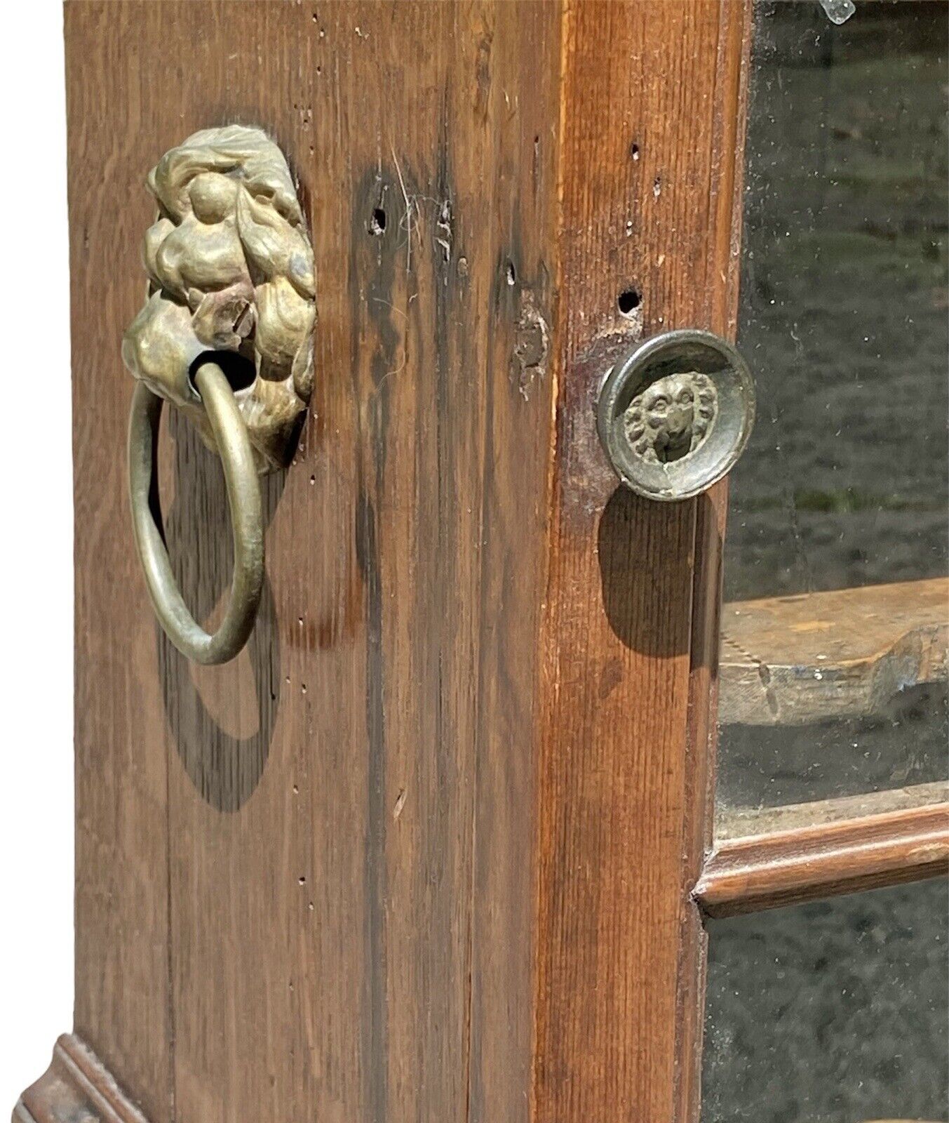 Antique George III Oak Specimen or Valuables Cabinet With Lion's Head Mounts