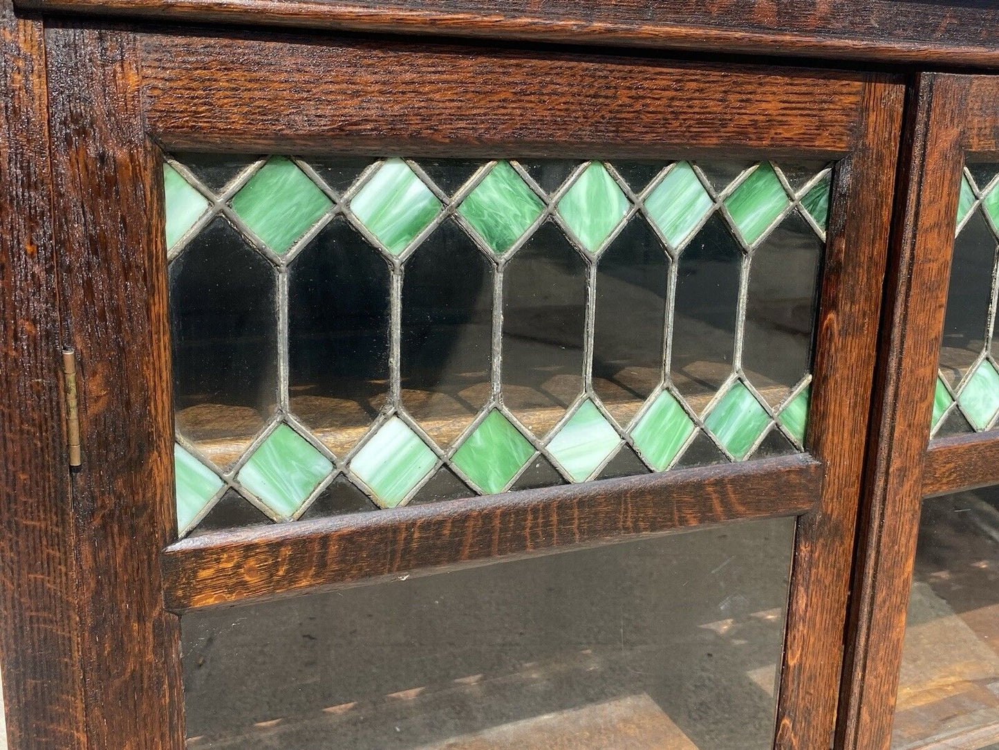 Antique Arts & Crafts Oak Bookcase With Leaded & Stained Glass Panels by Larkin