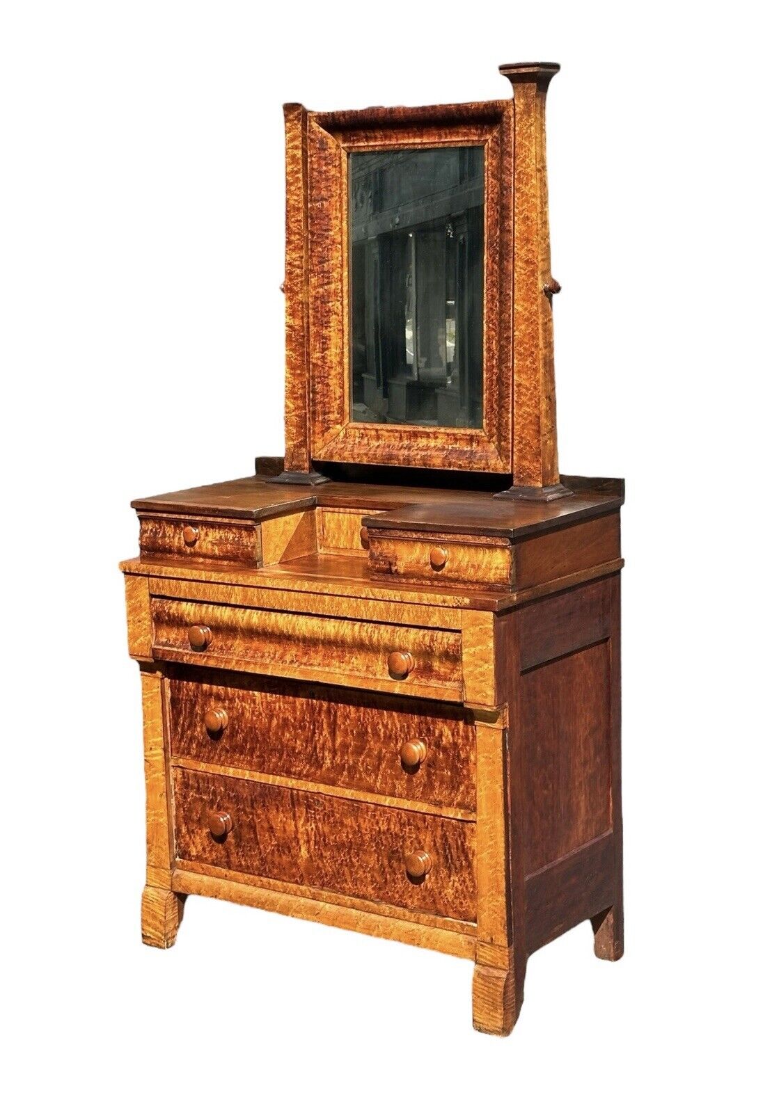 Antique Federal Period Kentucky Bird's Eye Maple Gentleman's Dresser With Mirror