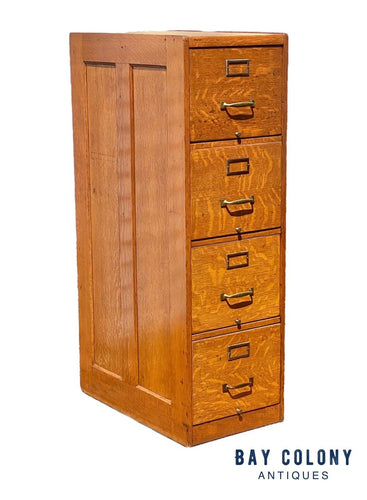 Antique Oak 4 Drawer Wood File Cabinet with double paneled sides and original hardware