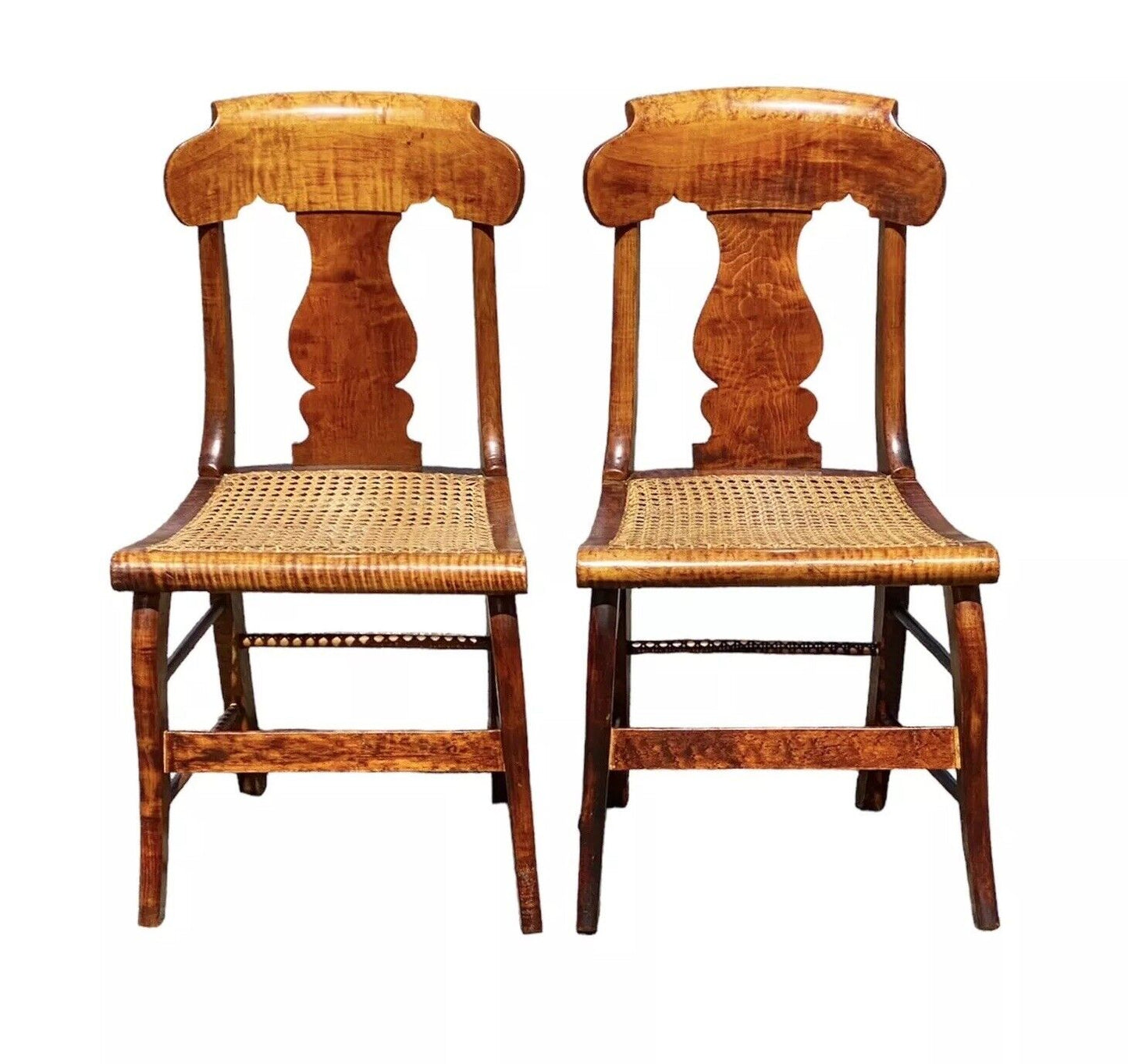 Antique Pair of Tiger Maple & Bird's Eye Maple Side Chairs with Cane Seats