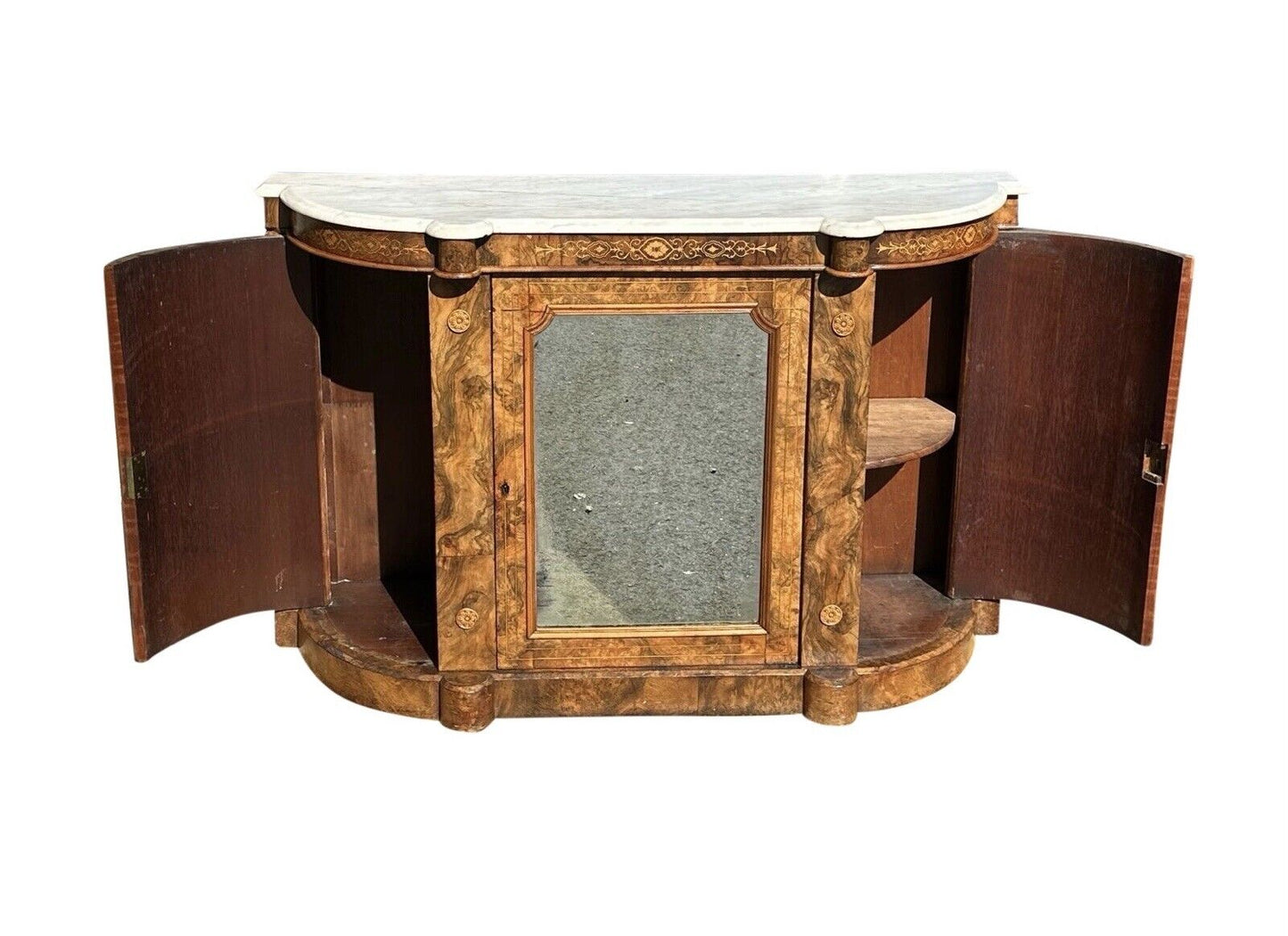 Victorian Burled Walnut & Marquetry Inlaid Marble Top Console With Mirrored Door