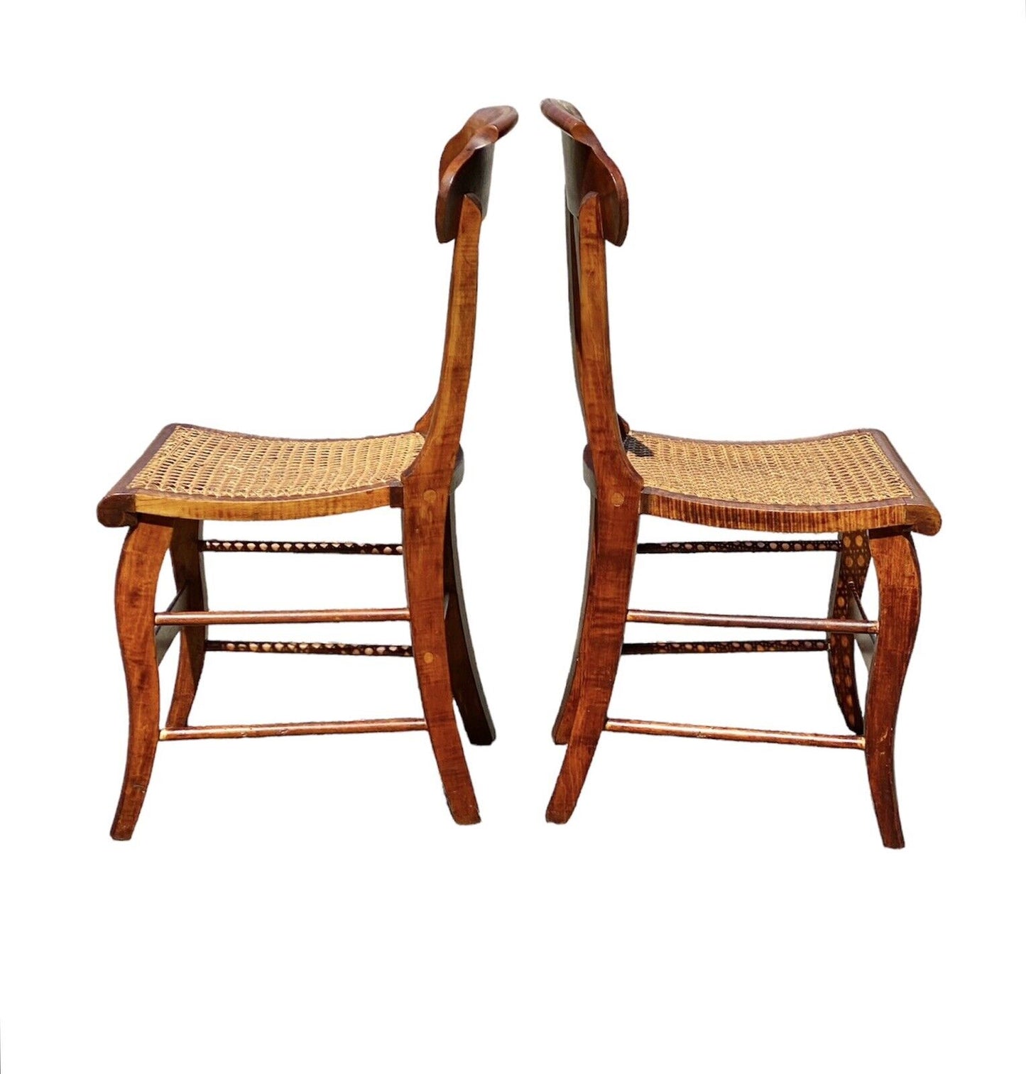 Antique Pair of Tiger Maple & Bird's Eye Maple Side Chairs with Cane Seats