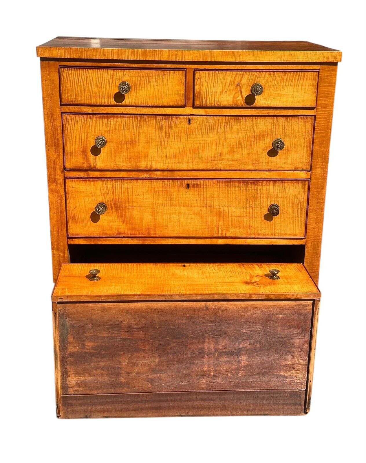 Antique Federal Period Tiger Maple Tall Chest With Secret Locking Drawer Feature