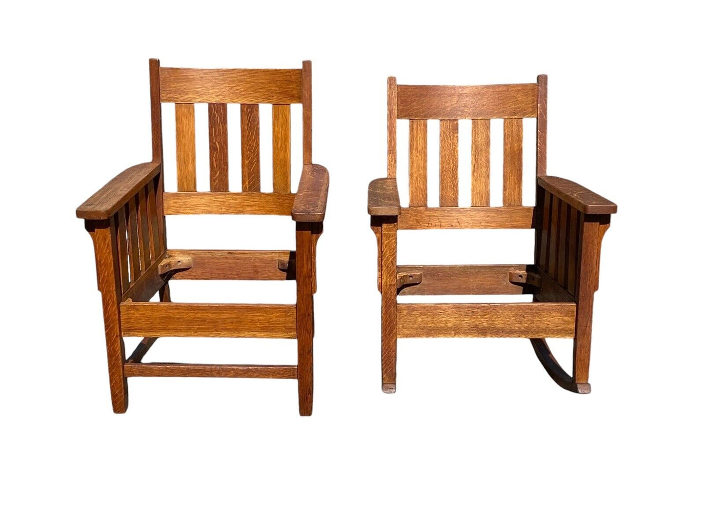 Pair of Antique Arts & Crafts Mission Oak Arm Chairs With Matching Footstool