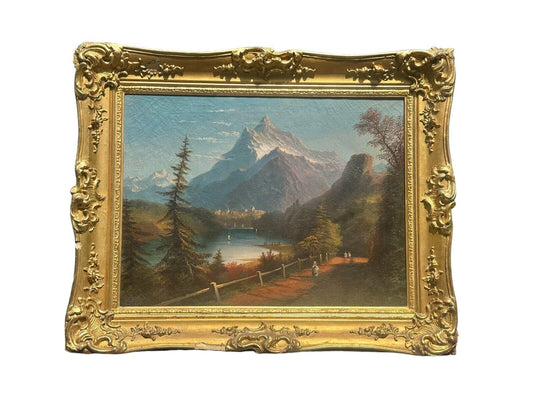 Antique European School Impressionist Oil on Canvas Mountain Landscape Painting