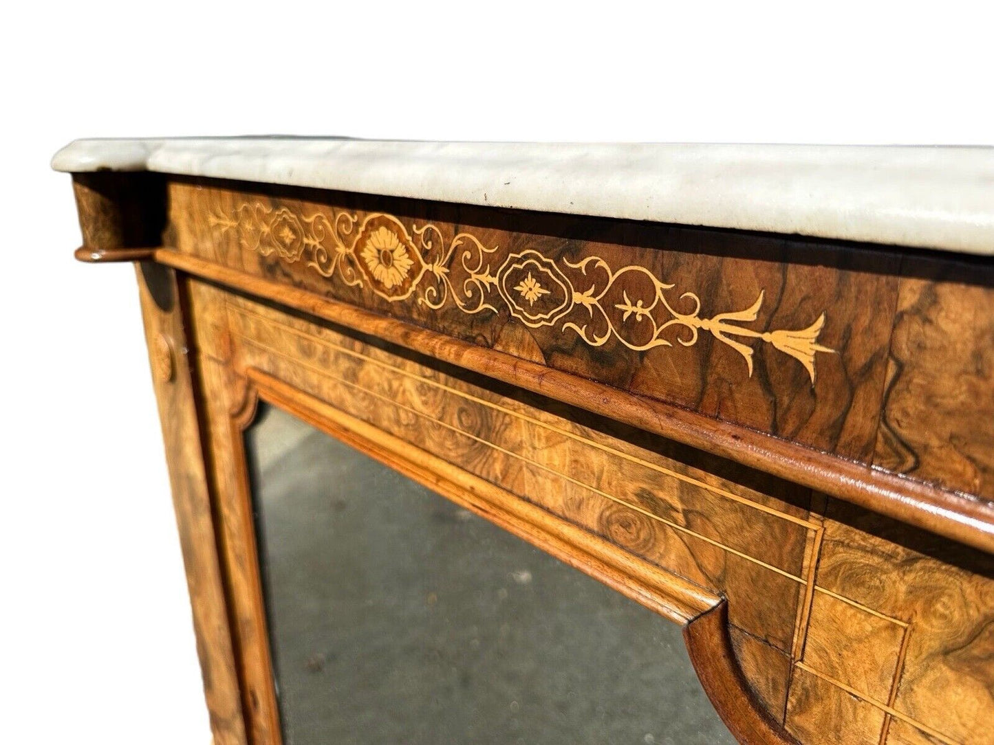 Victorian Burled Walnut & Marquetry Inlaid Marble Top Console With Mirrored Door