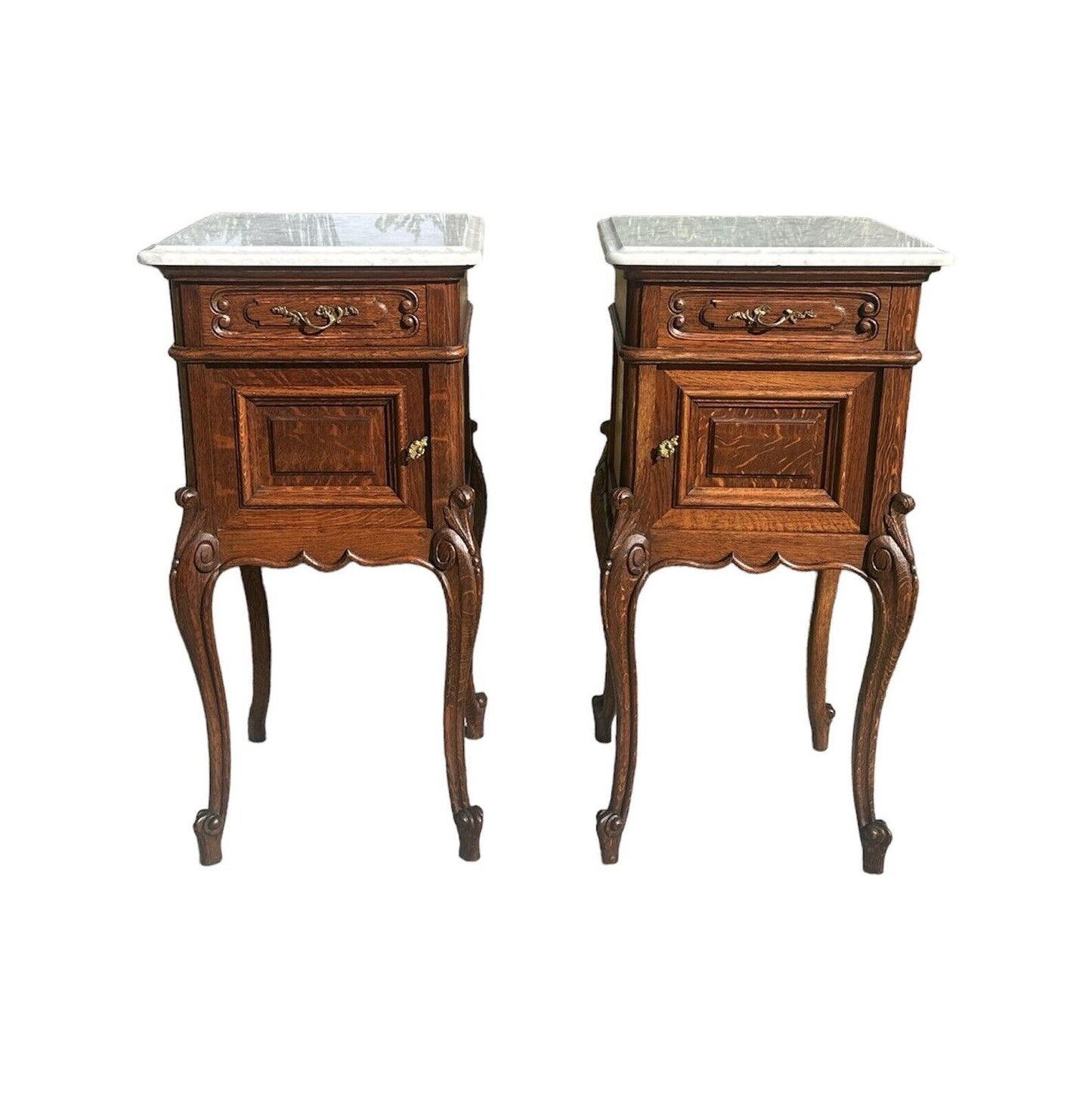 Pair of French Louis Xvi Style Carved Oak Marble Top Nightstands With Snail Feet