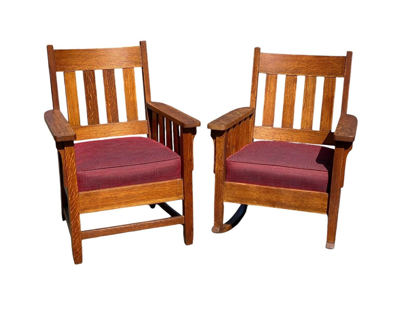 Pair of Antique Arts & Crafts Mission Oak Arm Chairs With Matching Footstool