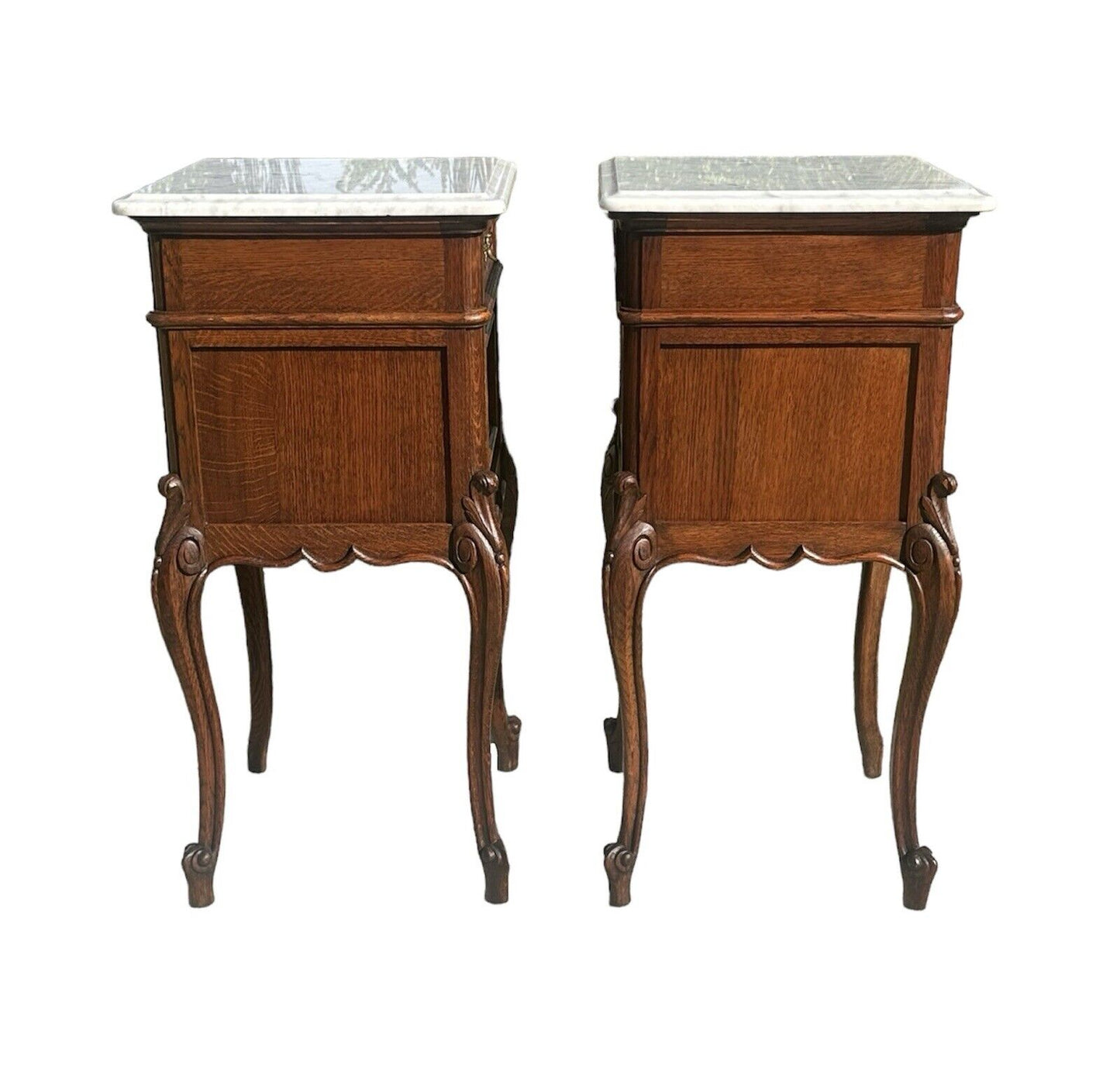 Pair of French Louis Xvi Style Carved Oak Marble Top Nightstands With Snail Feet