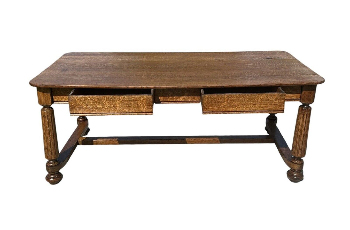 Antique Victorian Tiger Oak Library Table With Two Drawers - Six Feet Long