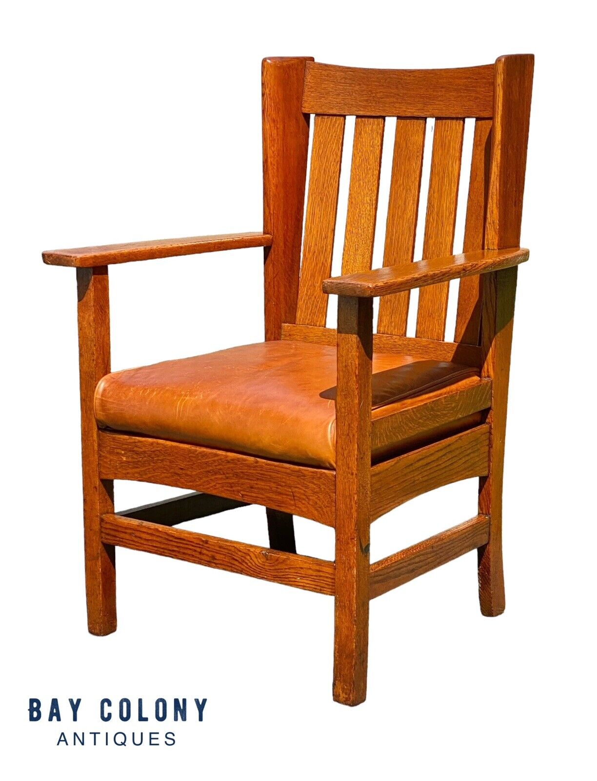 Rare Antique Art & Crafts Oak Wingback Armchair with Orange Leather Seat