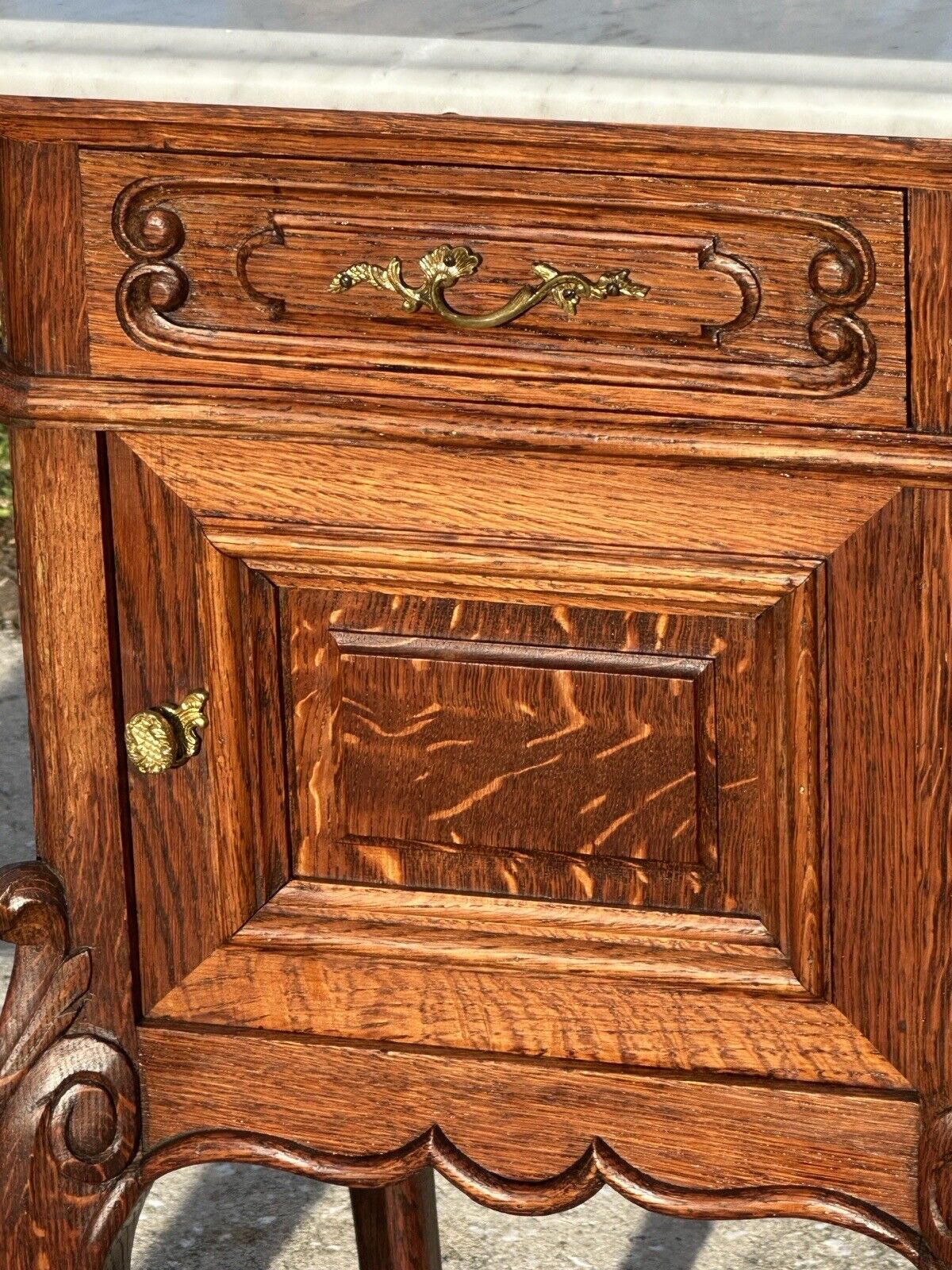 Pair of French Louis Xvi Style Carved Oak Marble Top Nightstands With Snail Feet