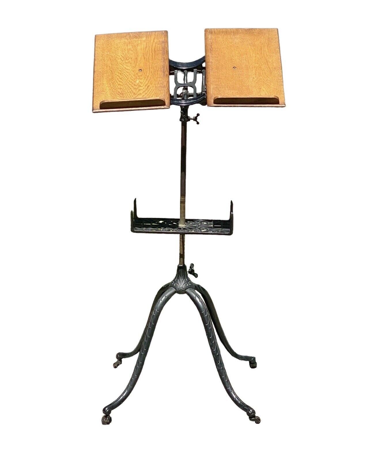 Antique Victorian Oak & Cast Iron Adjustable Dictionary Stand on Caster Wheels