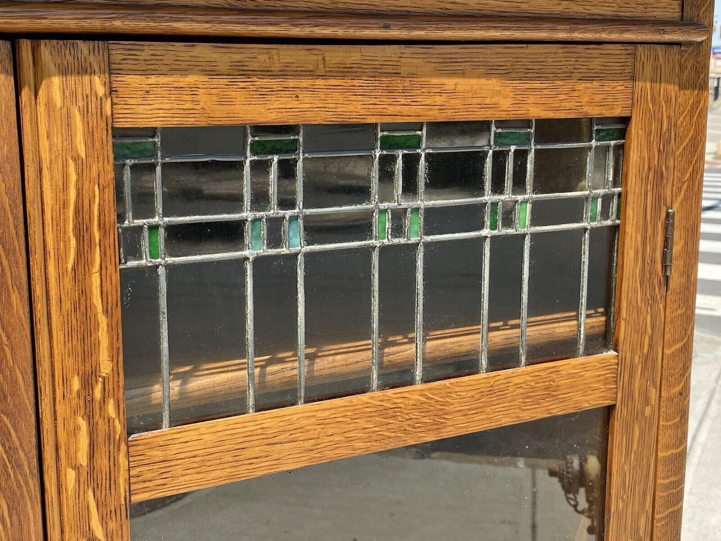 Antique Arts & Crafts Oak Two Door Bookcase With Green Stained Glass by Larkin