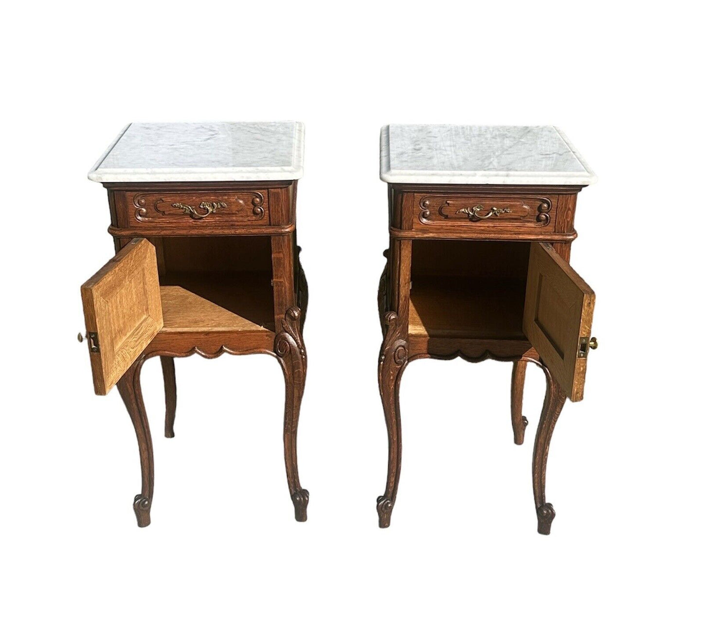 Pair of French Louis Xvi Style Carved Oak Marble Top Nightstands With Snail Feet