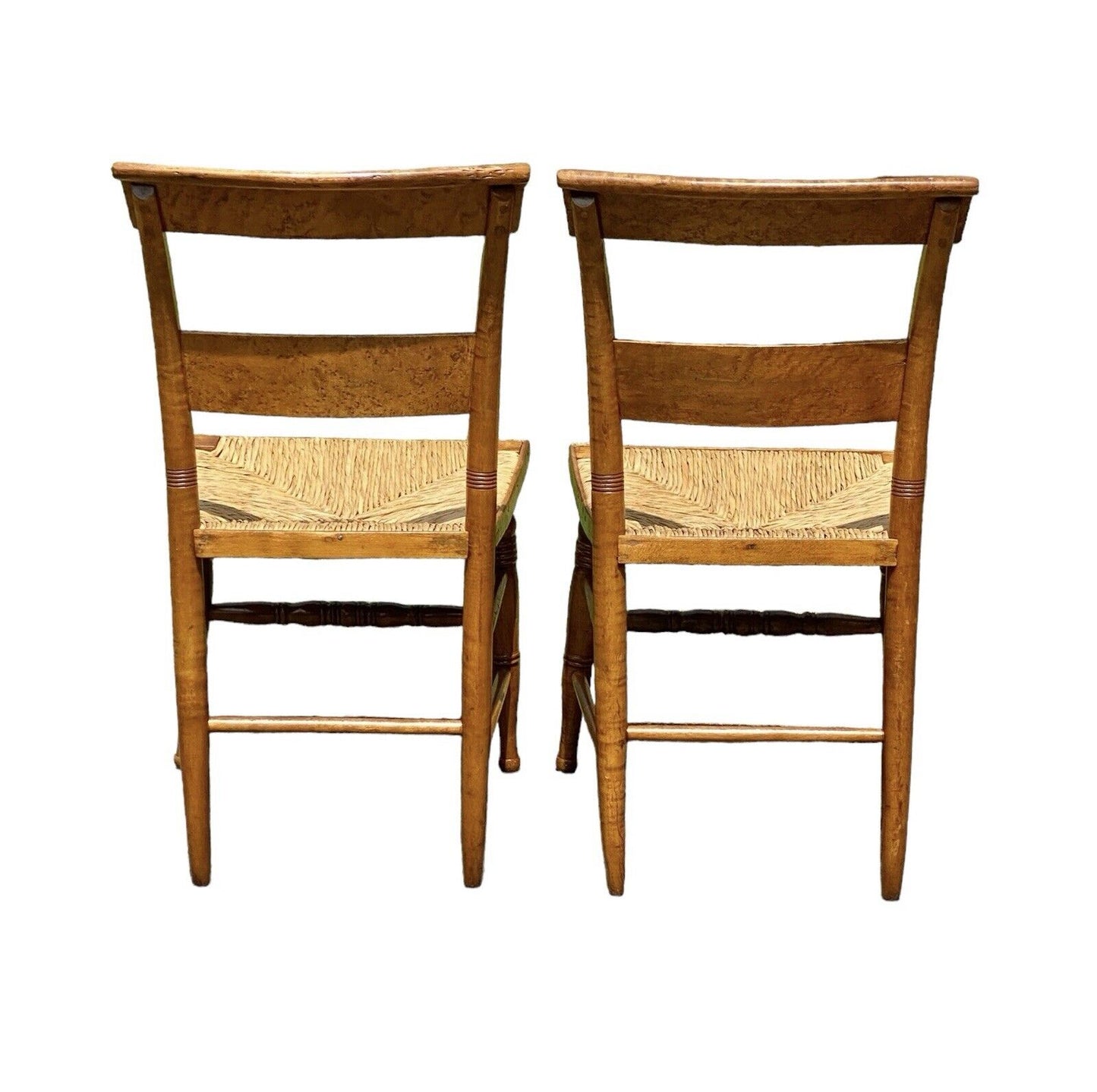 Antique Pair of Sheraton Birds Eye Maple Chairs with Rush Seats