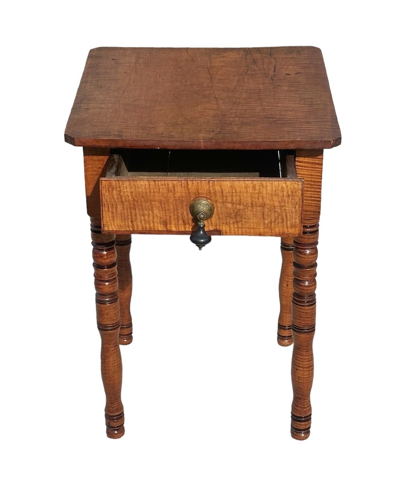 Antique Federal Style Tiger Maple Single Drawer Nightstand on Finely Turned Legs