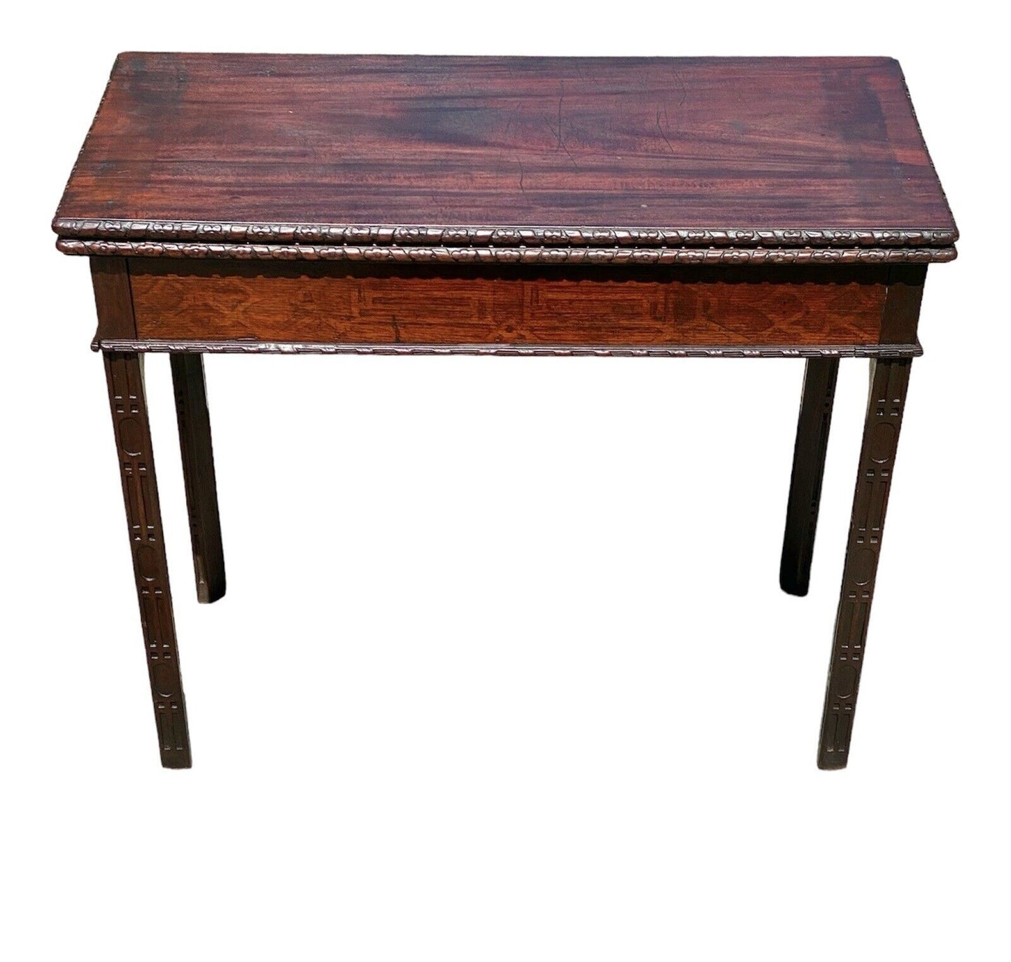 Antique Chinese Chippendale Mahogany Card Table with Foliate Carved Edge CA 1760