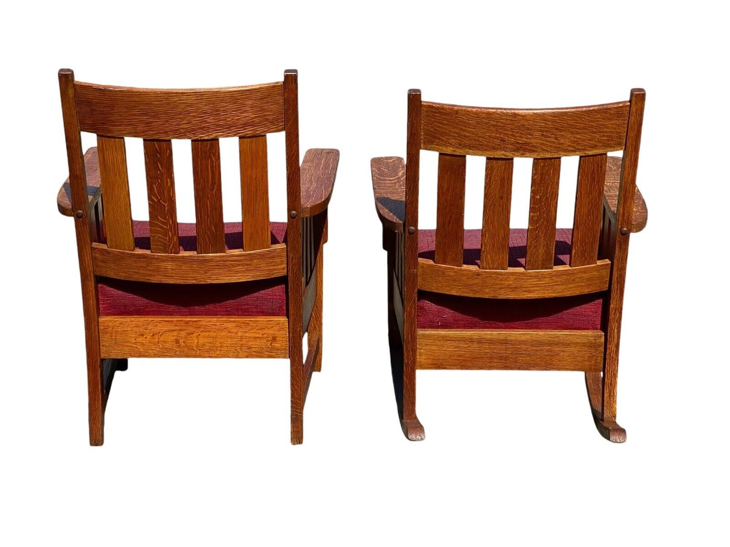 Pair of Antique Arts & Crafts Mission Oak Arm Chairs With Matching Footstool