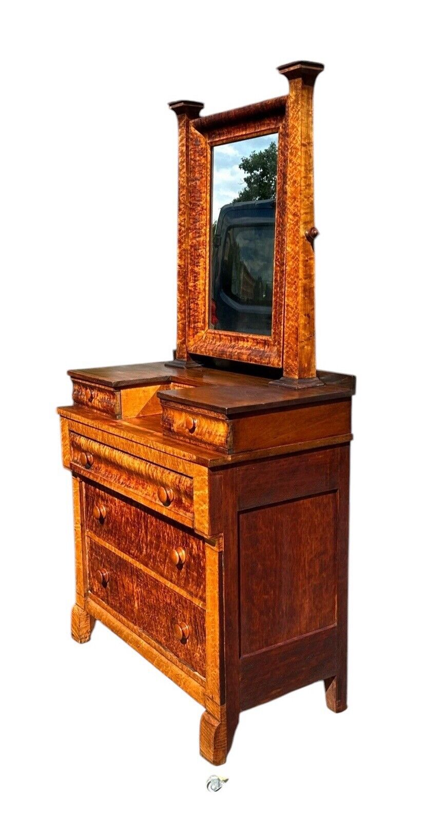 Antique Federal Period Kentucky Bird's Eye Maple Gentleman's Dresser With Mirror