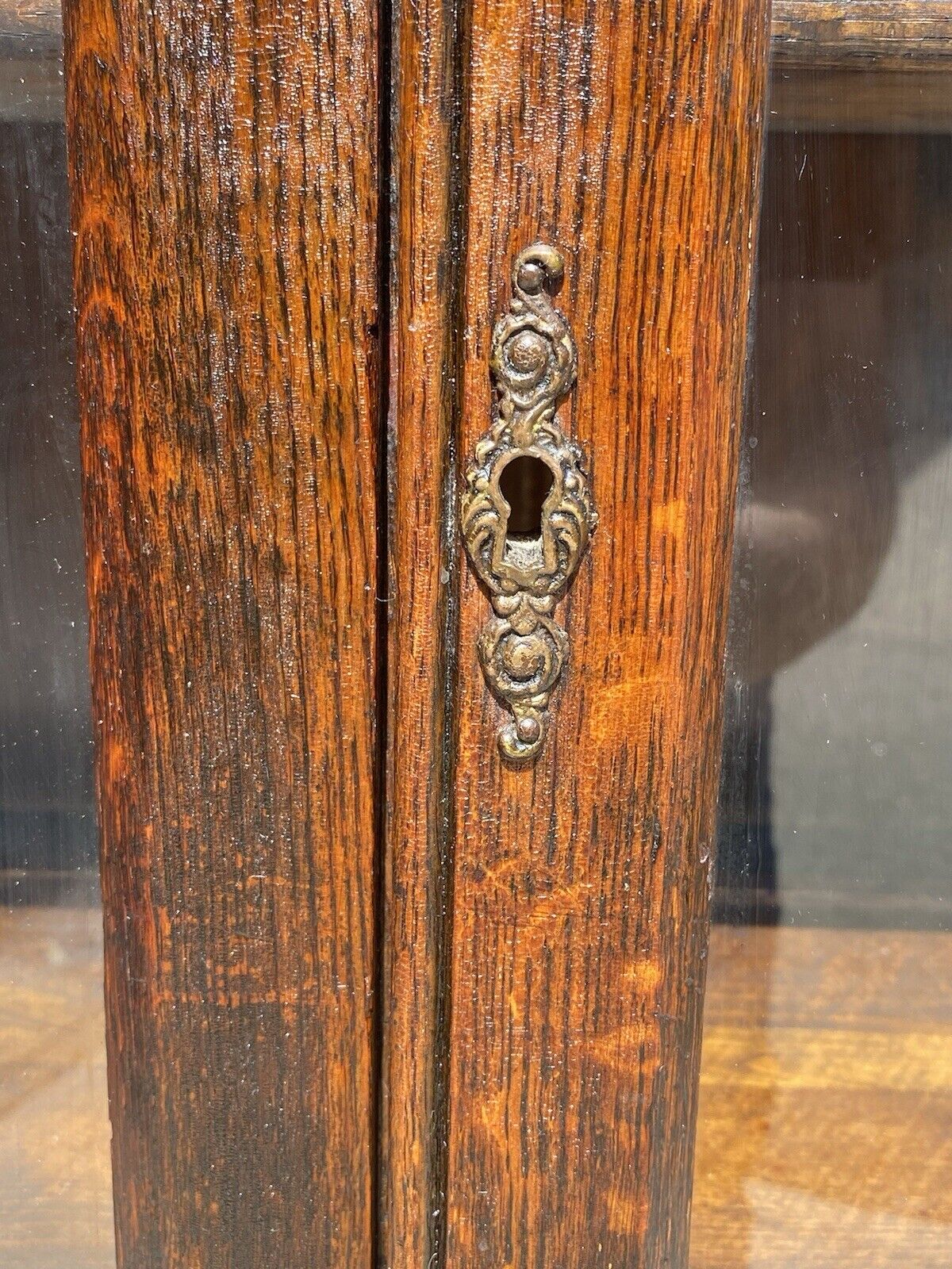 Antique Arts & Crafts Oak Bookcase With Leaded & Stained Glass Panels by Larkin