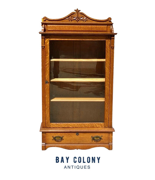 Antique Victorian Tiger Oak Single Door Bookcase / China Cabinet With Glass Door