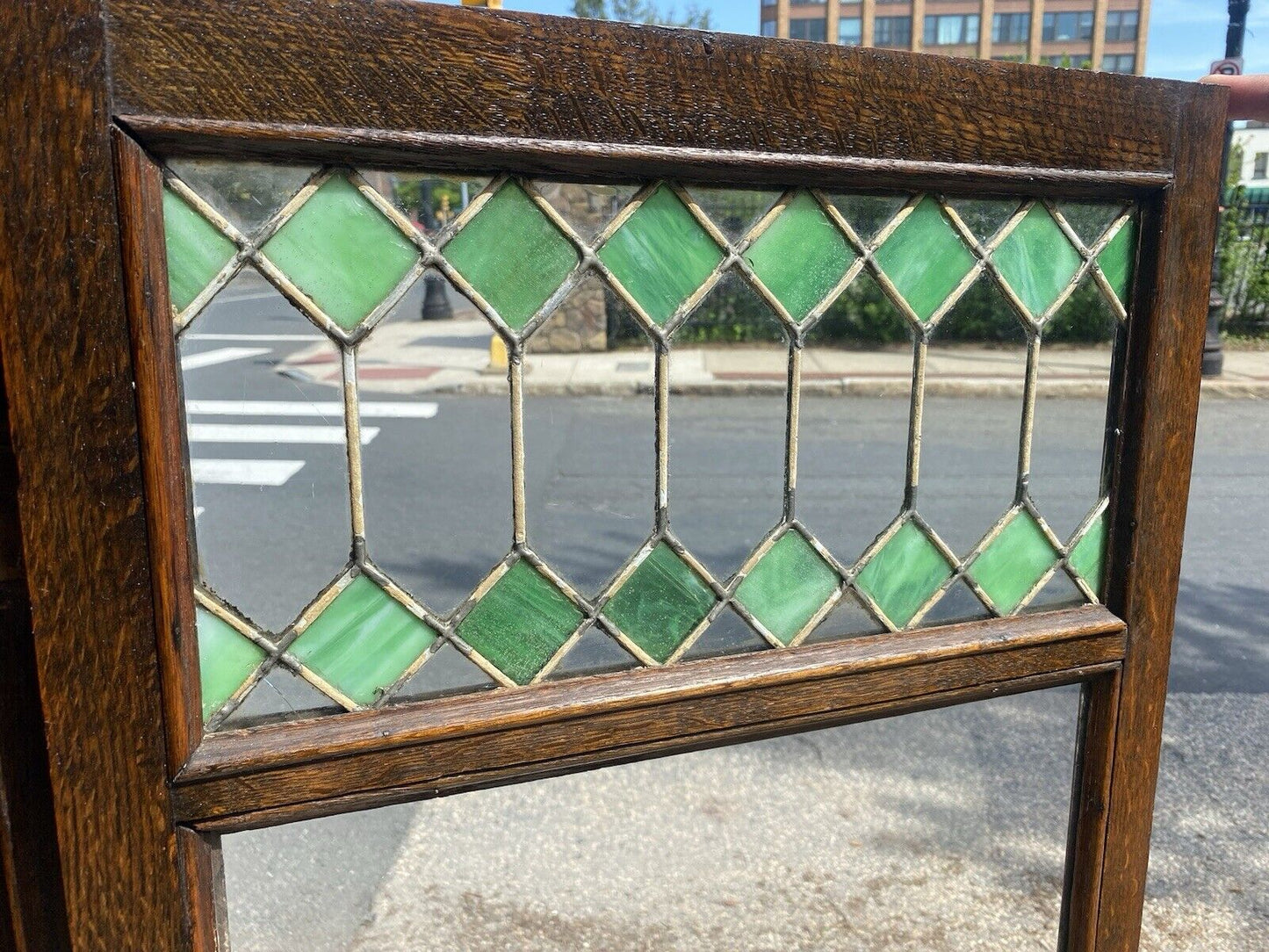 Antique Arts & Crafts Oak Bookcase With Leaded & Stained Glass Panels by Larkin