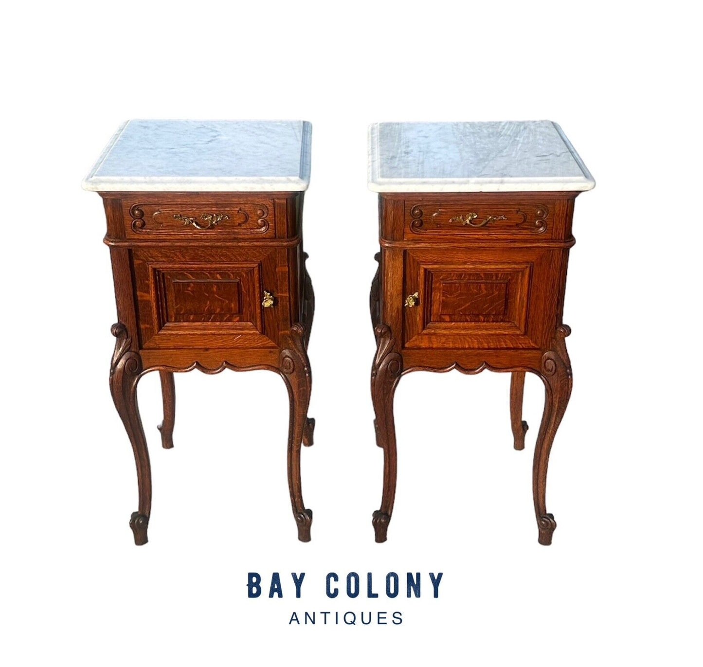 Pair of French Louis Xvi Style Carved Oak Marble Top Nightstands With Snail Feet