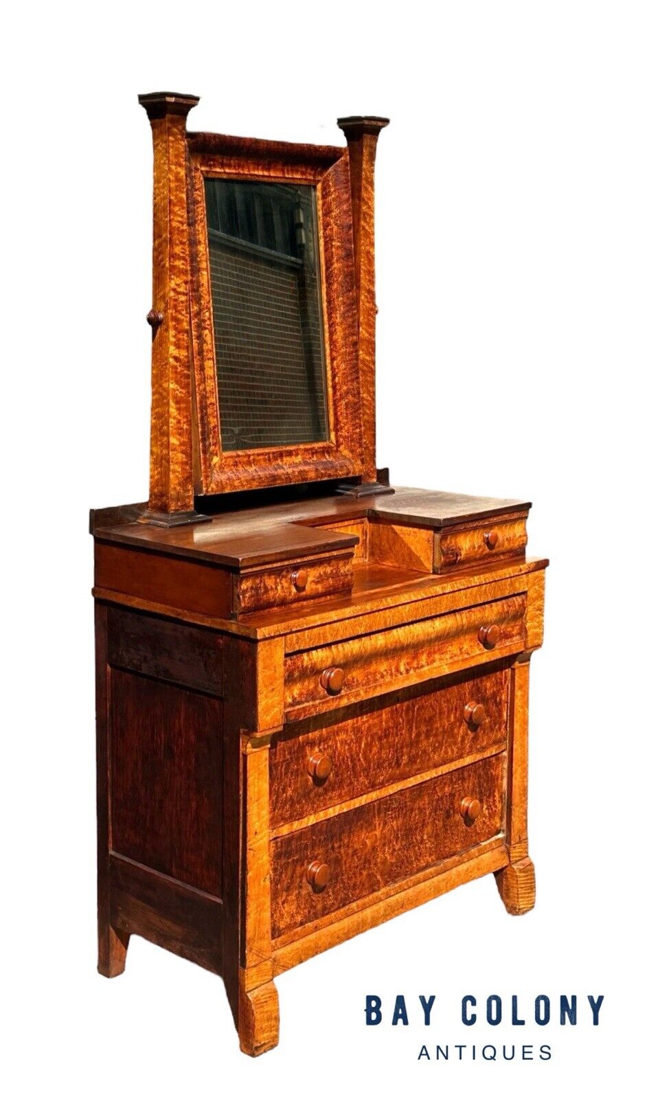 Antique Federal Period Kentucky Bird's Eye Maple Gentleman's Dresser With Mirror