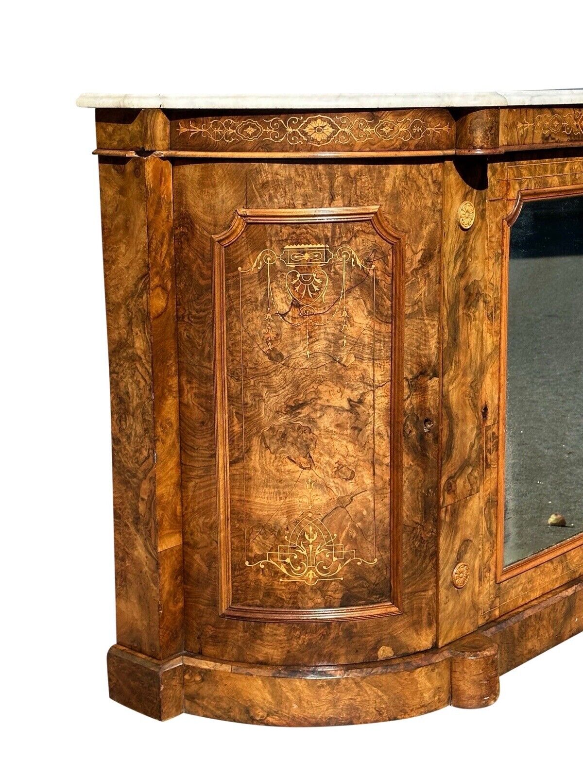 Victorian Burled Walnut & Marquetry Inlaid Marble Top Console With Mirrored Door