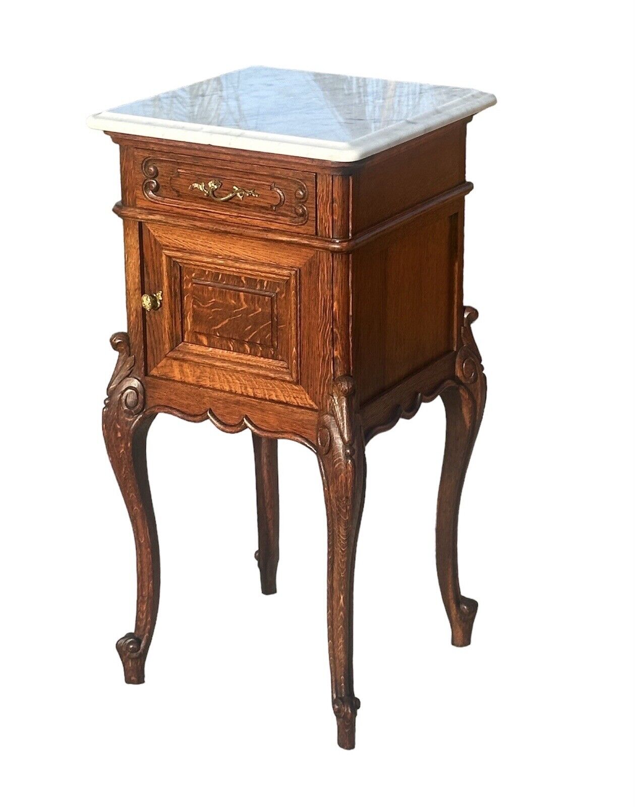 Pair of French Louis Xvi Style Carved Oak Marble Top Nightstands With Snail Feet