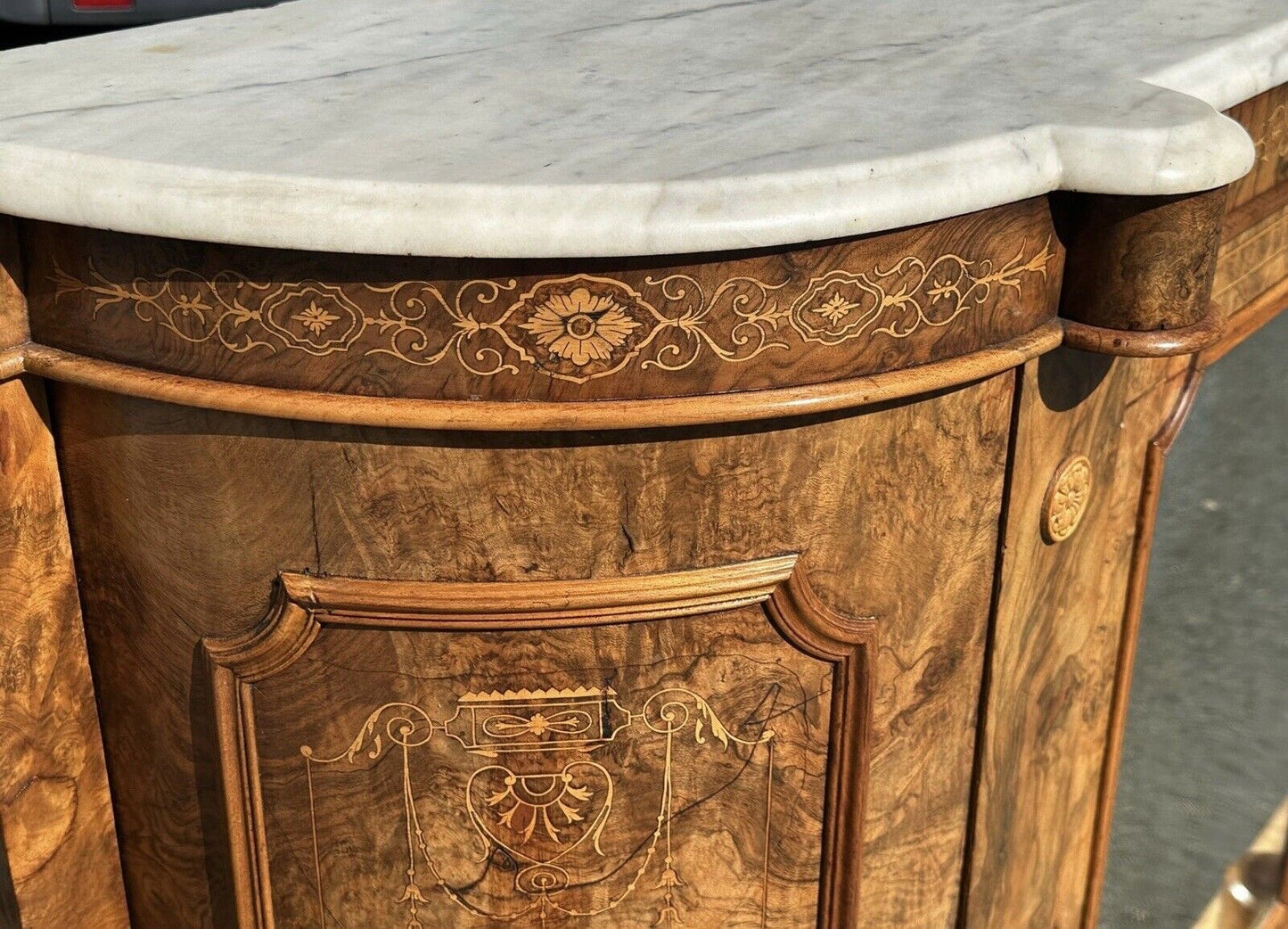 Victorian Burled Walnut & Marquetry Inlaid Marble Top Console With Mirrored Door