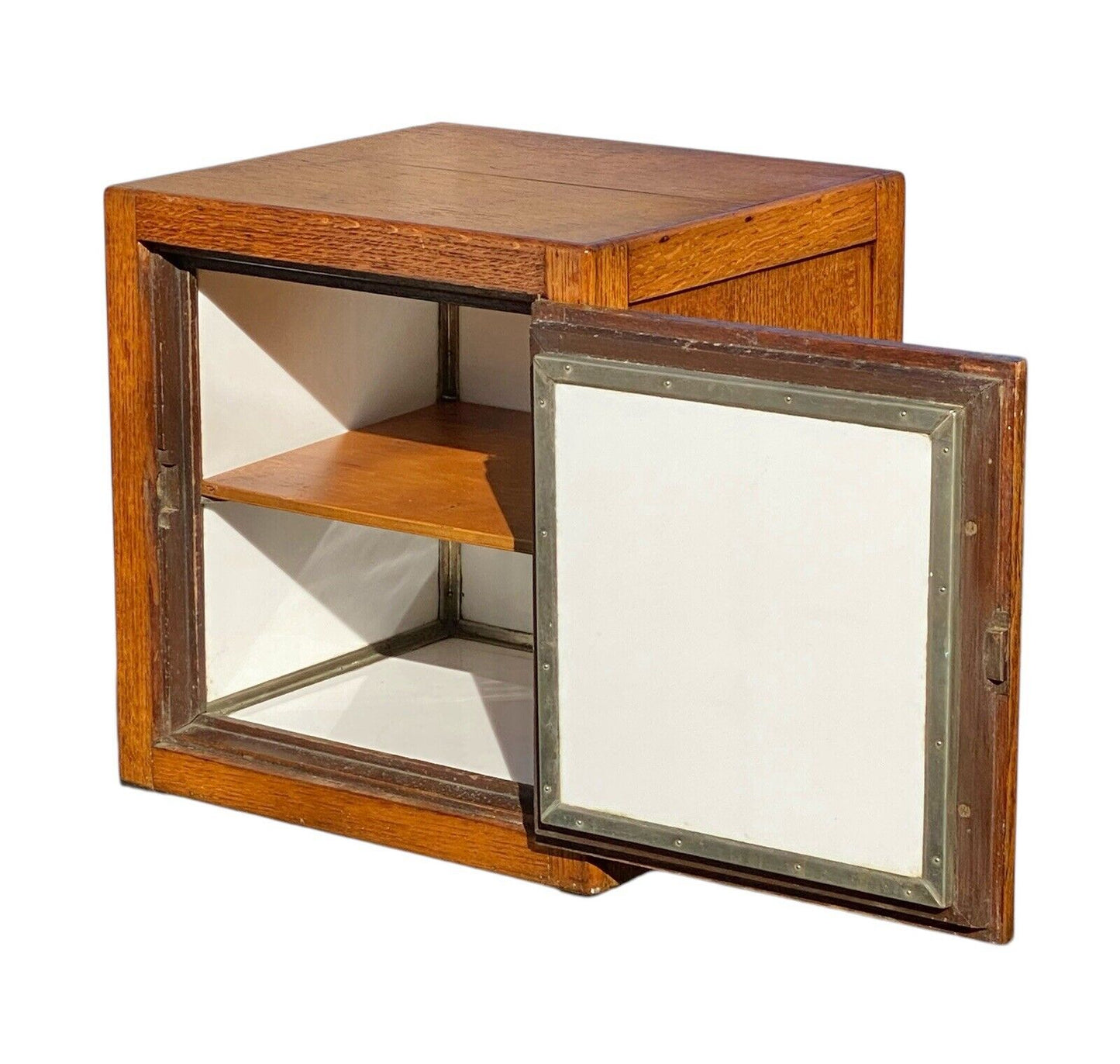 Antique Victorian Tiger Oak Humidor With Milk Glass Interior