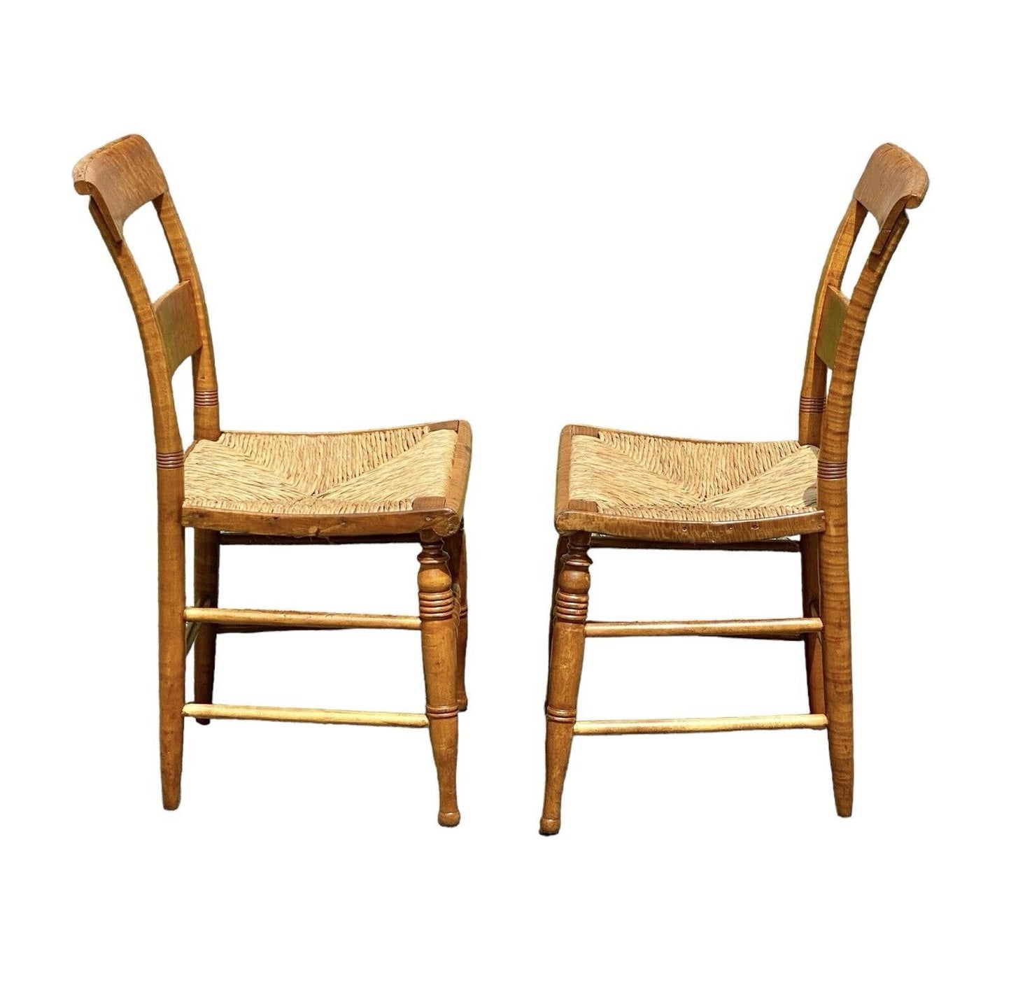 Antique Pair of Sheraton Birds Eye Maple Chairs with Rush Seats