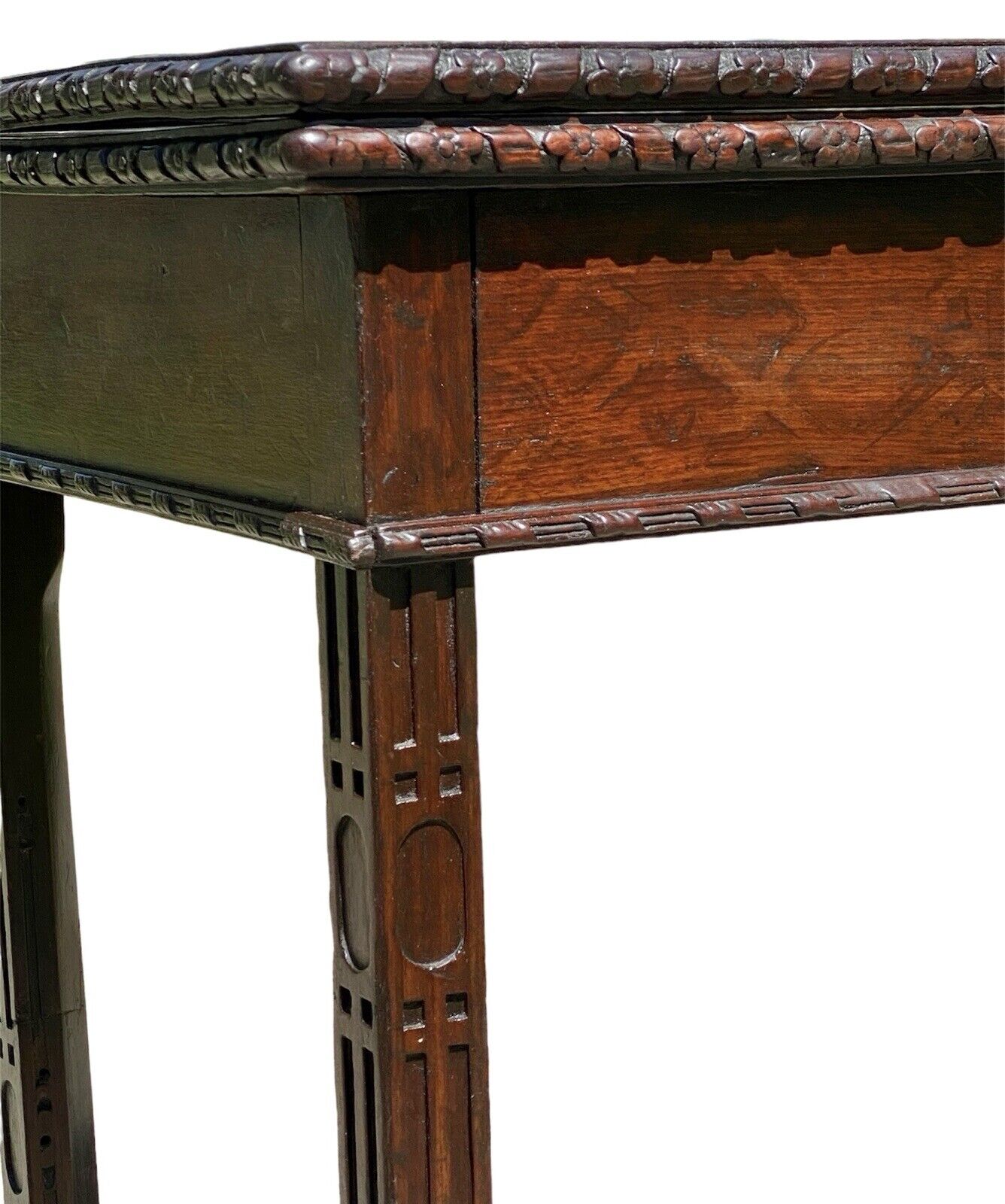 Antique Chinese Chippendale Mahogany Card Table with Foliate Carved Edge CA 1760