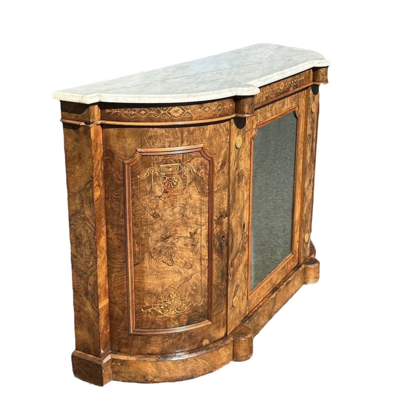 Victorian Burled Walnut & Marquetry Inlaid Marble Top Console With Mirrored Door