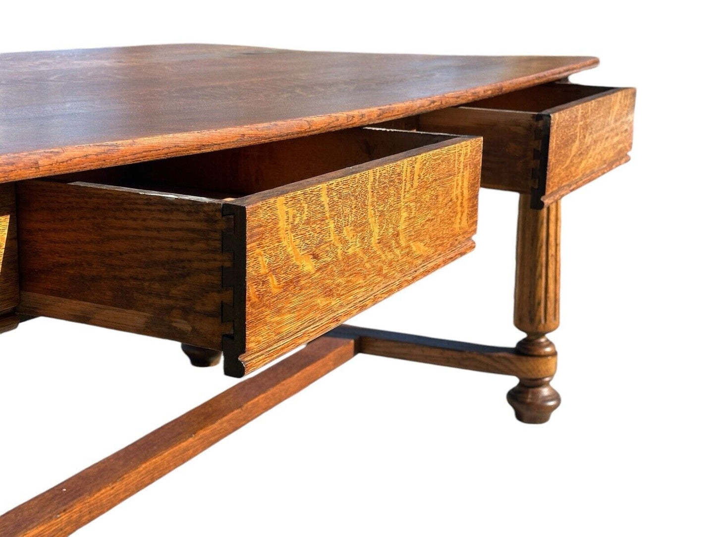 Antique Victorian Tiger Oak Library Table With Two Drawers - Six Feet Long