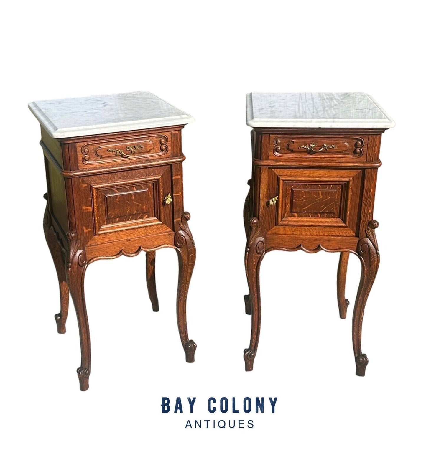 Pair of French Louis Xvi Style Carved Oak Marble Top Nightstands With Snail Feet