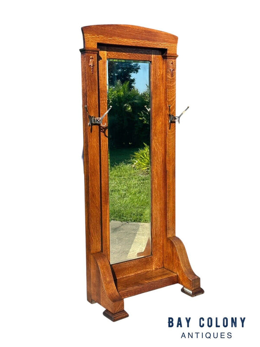 Antique Arts & Crafts Tiger Oak Hall Tree With Beveled Mirror & Japanned Hooks