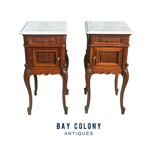 Pair of French Louis Xvi Style Carved Oak Marble Top Nightstands With Snail Feet