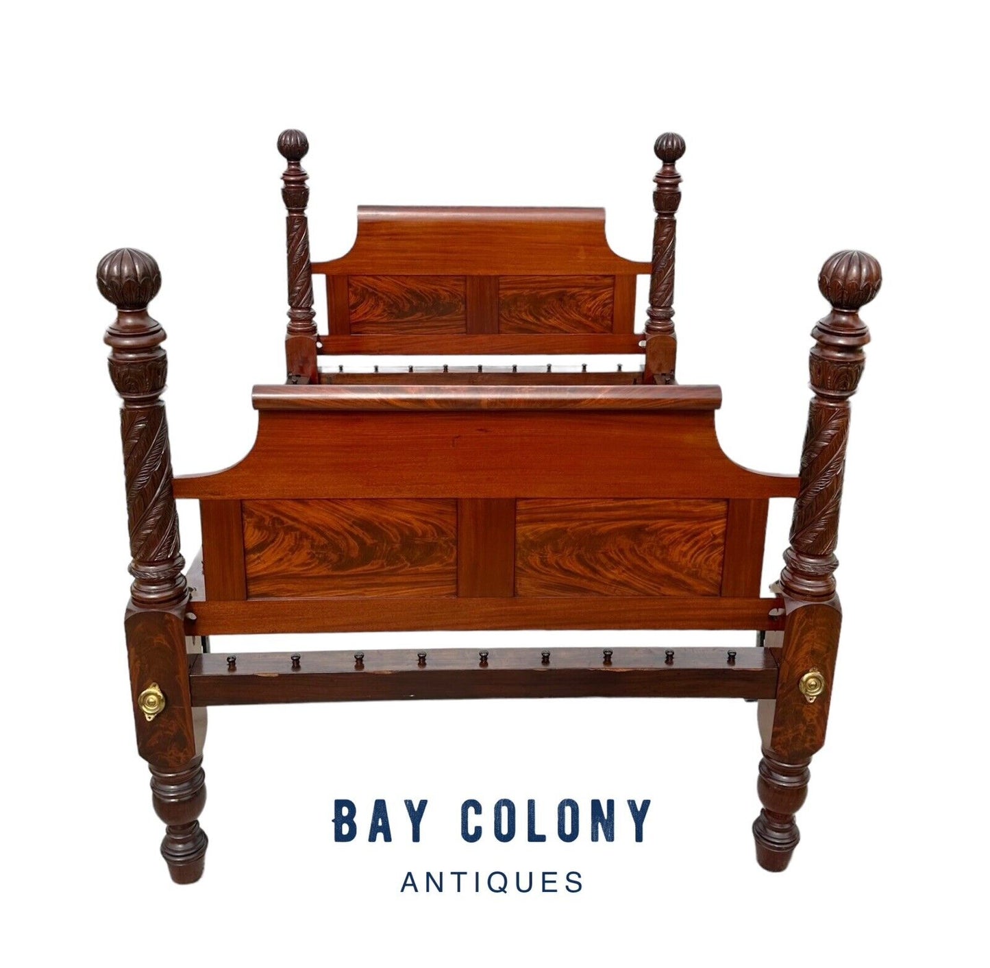 Early American Antique Federal Period Mahogany Acanthus & Pomegranate Carved Bed