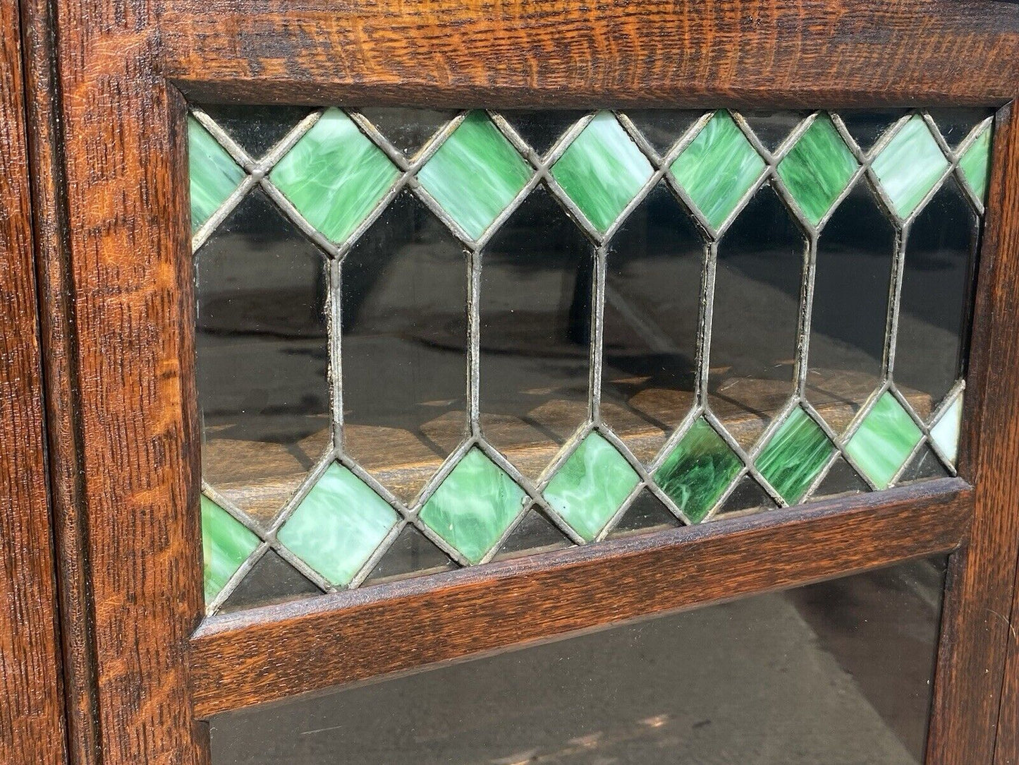 Antique Arts & Crafts Oak Bookcase With Leaded & Stained Glass Panels by Larkin