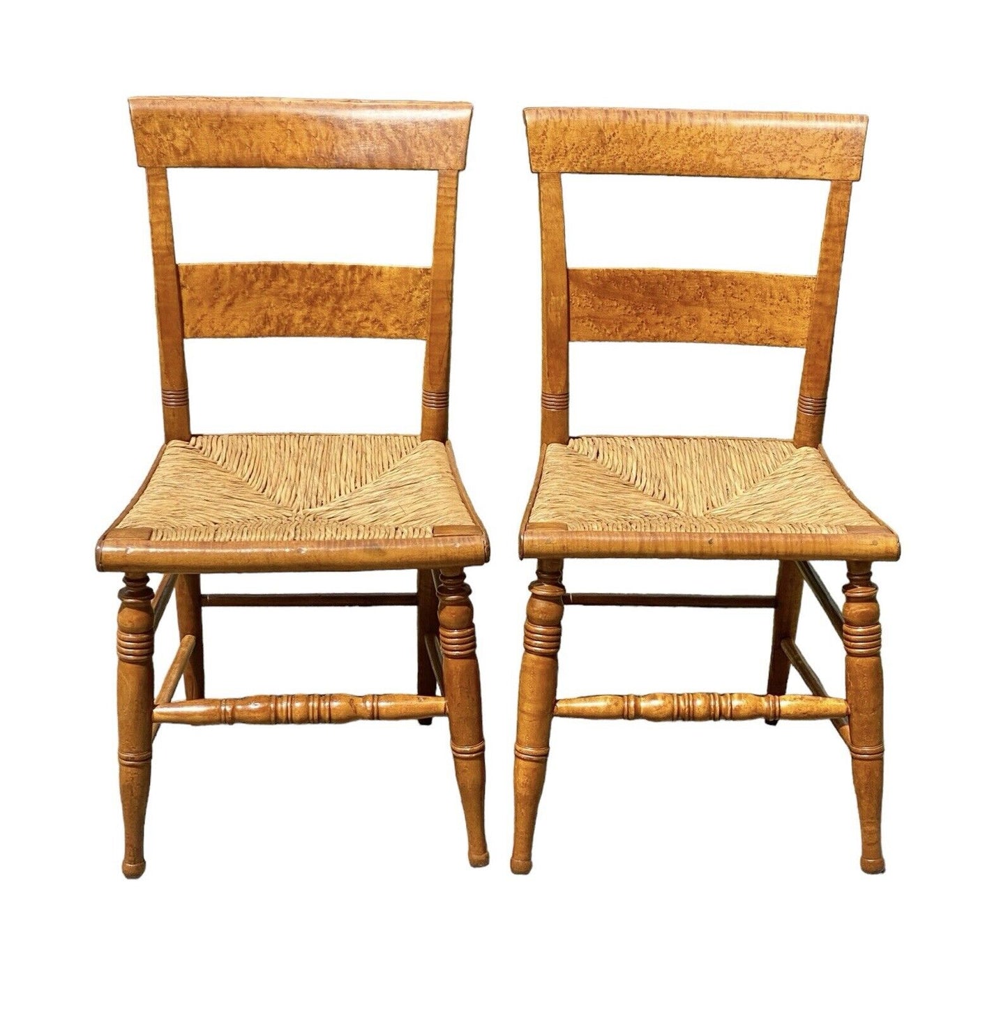 Antique Pair of Sheraton Birds Eye Maple Chairs with Rush Seats