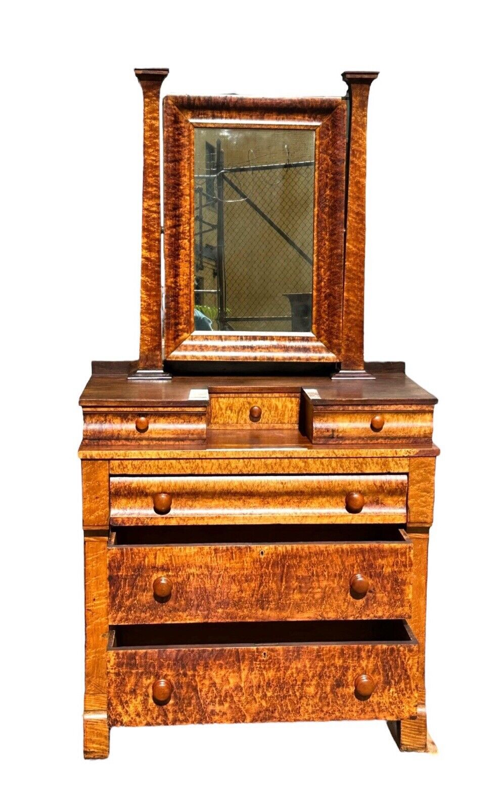 Antique Federal Period Kentucky Bird's Eye Maple Gentleman's Dresser With Mirror