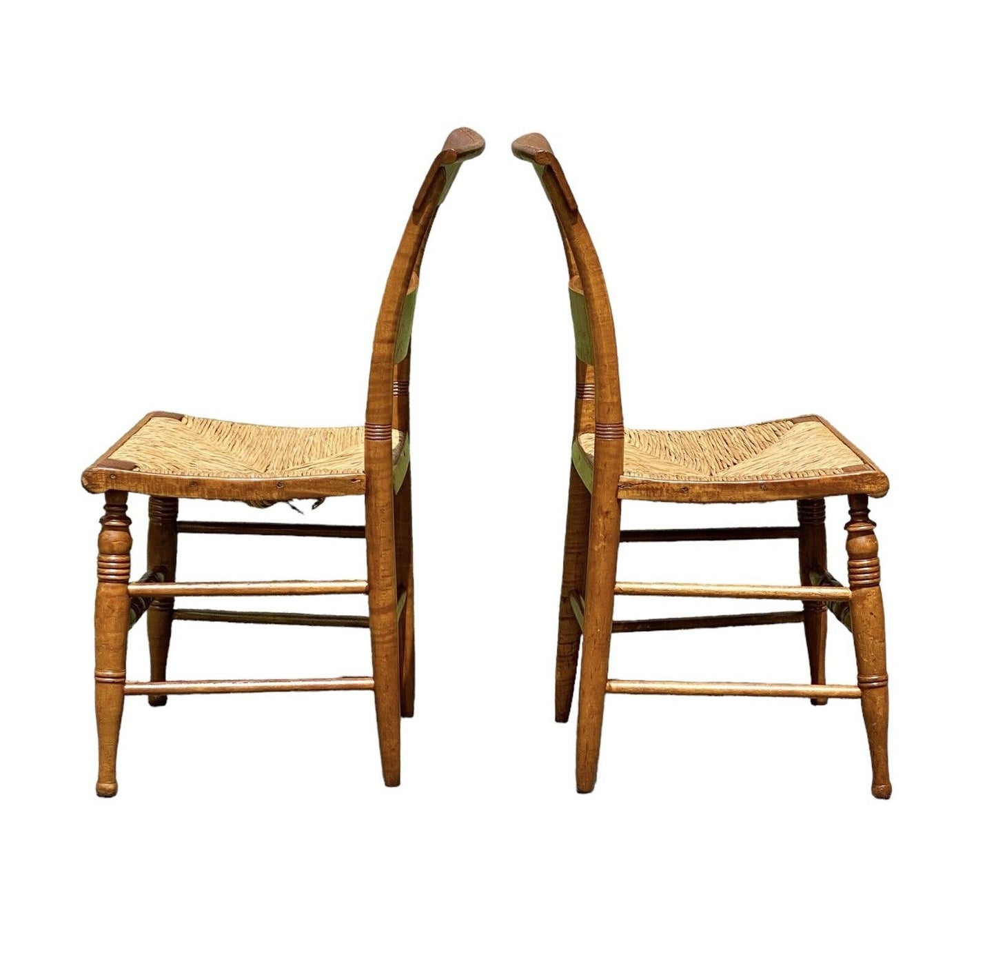 Antique Pair of Sheraton Birds Eye Maple Chairs with Rush Seats