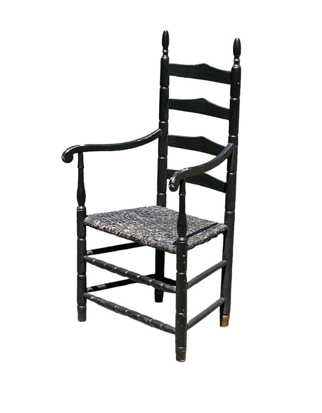 18th Century Antique Queen Anne Ladderback Chair in Black With Ram's Head Arms