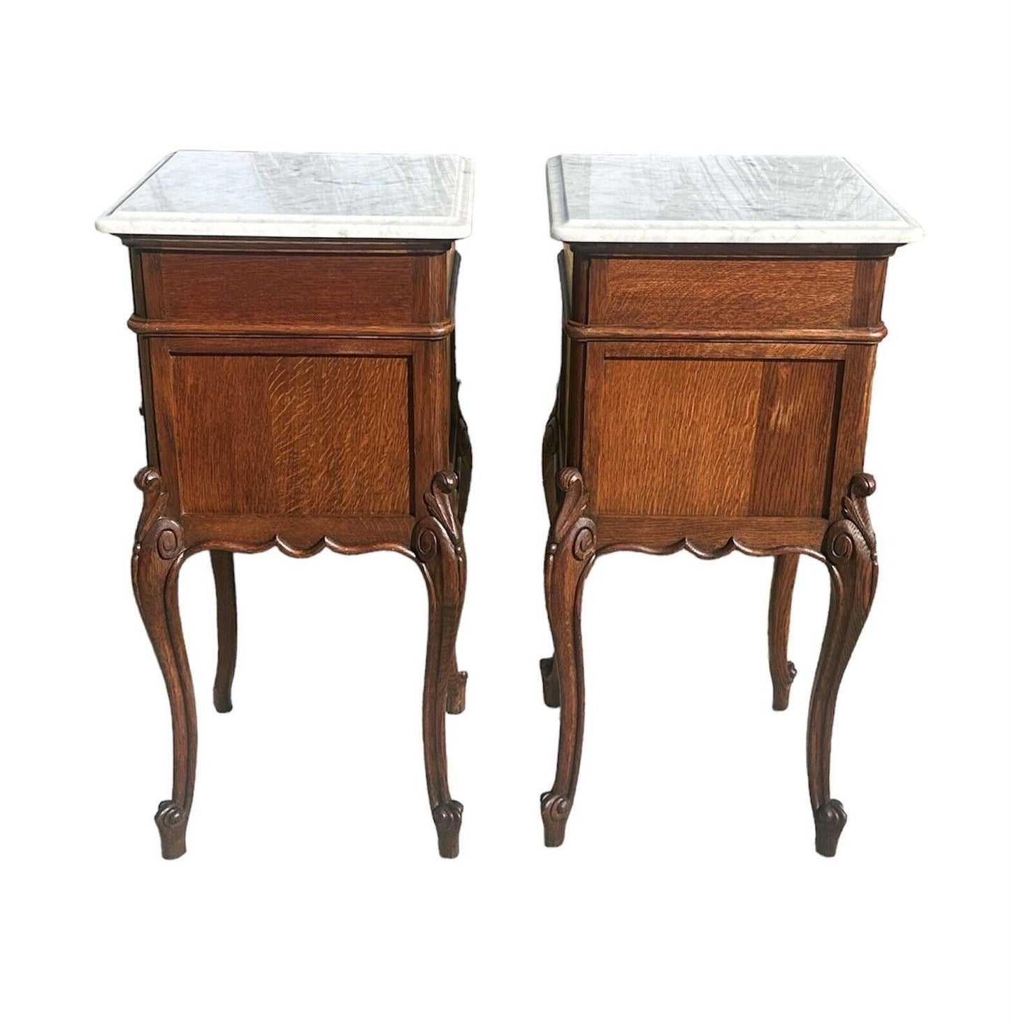 Pair of French Louis Xvi Style Carved Oak Marble Top Nightstands With Snail Feet