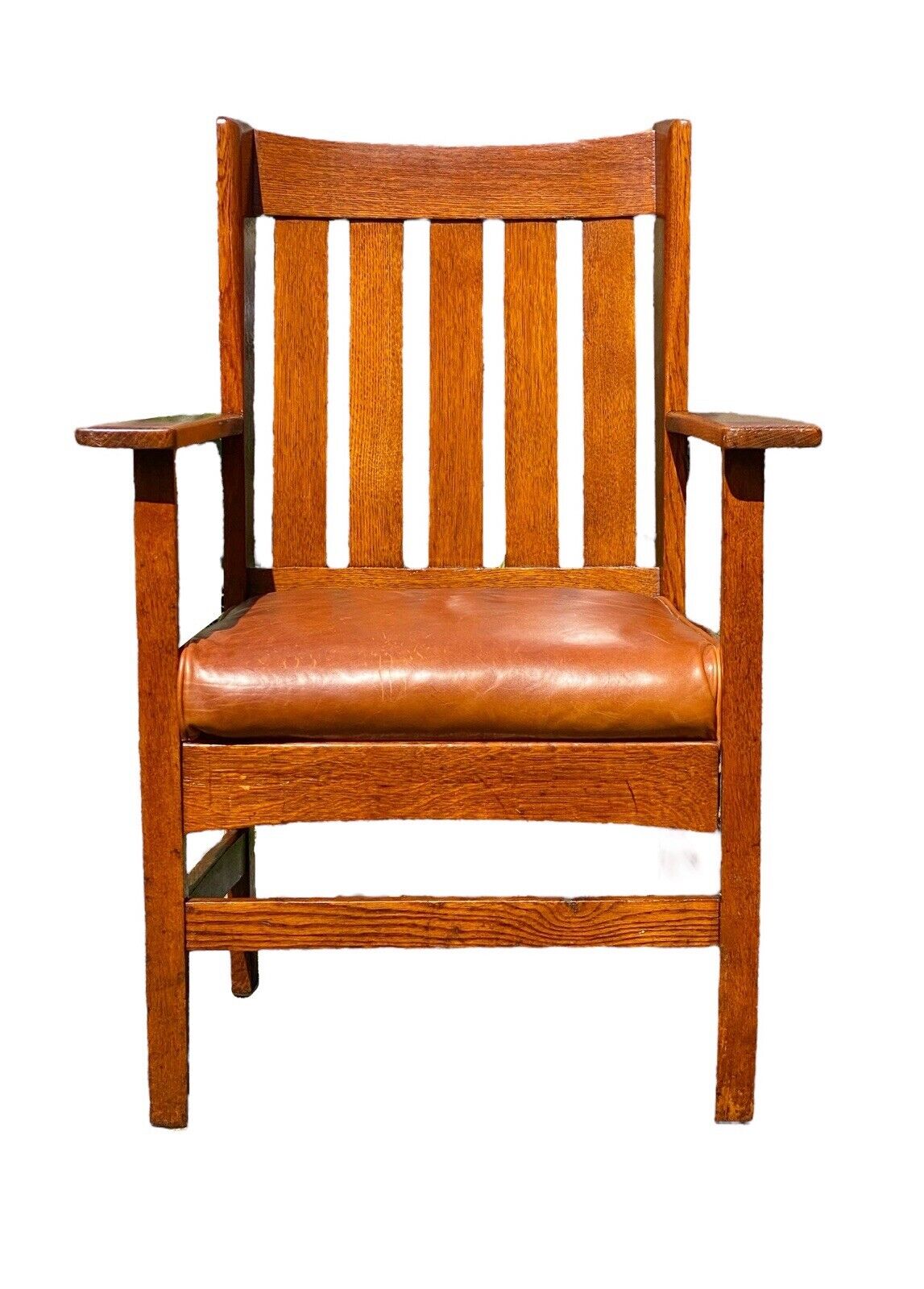 Rare Antique Art & Crafts Oak Wingback Armchair with Orange Leather Seat